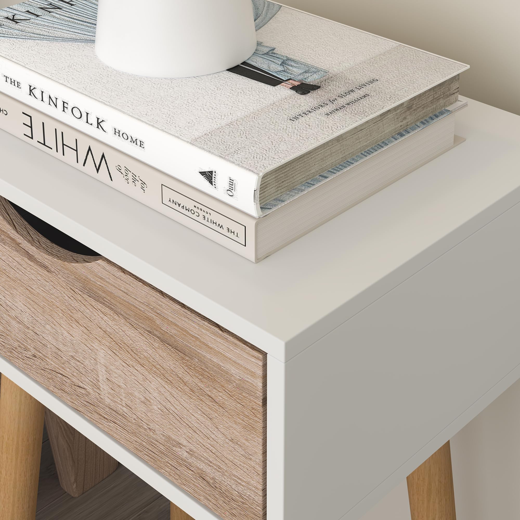 [en.casa] Set di 2 Comodini con Cassetto Tavolini Laterali per Divano Mobiletto da Notte 60 x 40 x 29,5 cm per Camera da Letto Soggiorno Corridoio Ingresso - Bianco/Effetto Rovere
