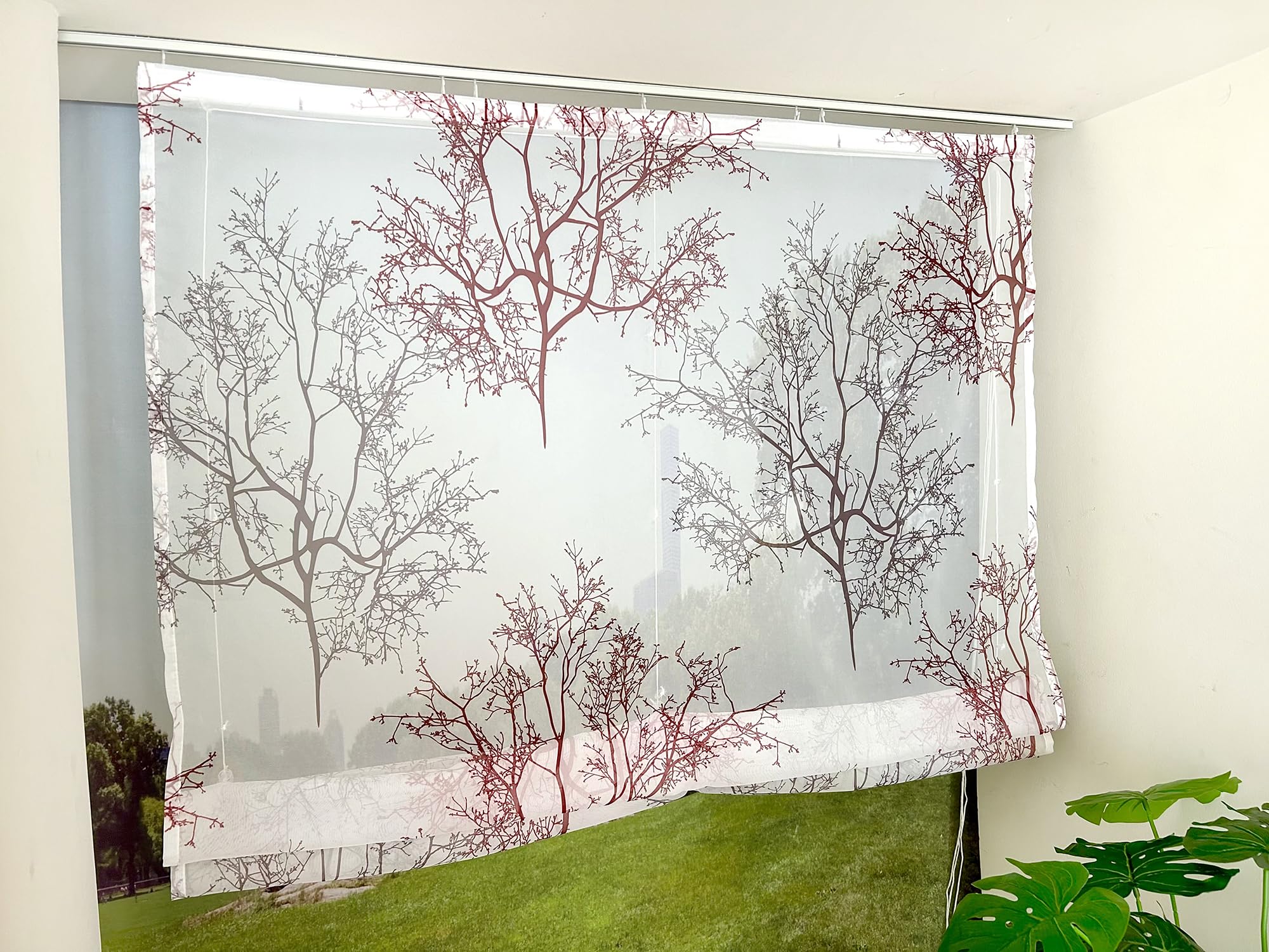 Devola Raffrollo Zweige Gardinen mit Druck Raffgardine Landhaus Rollos für Fenster Küchenvorhang Kurz Transparent Modern Fenstergardinen Wohnzimmer HxB 140x120cm Rot mit Klettband 1 Stück