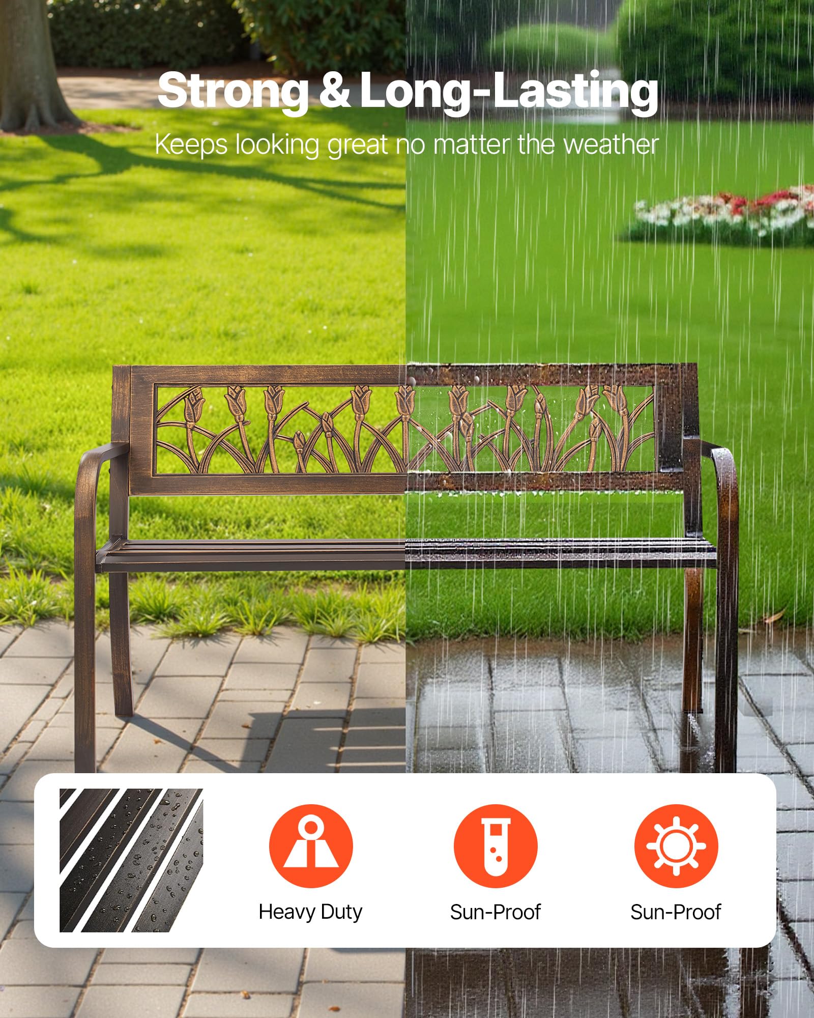 VEVOR Banco de Jardín de Metal 127 cm con Estructura de Acero al Carbono, Respaldo de PVC con Estampado Floral, Reposabrazos, Banco para Exterior, Ideal para Patio, Parque, Color Bronce Antiguo