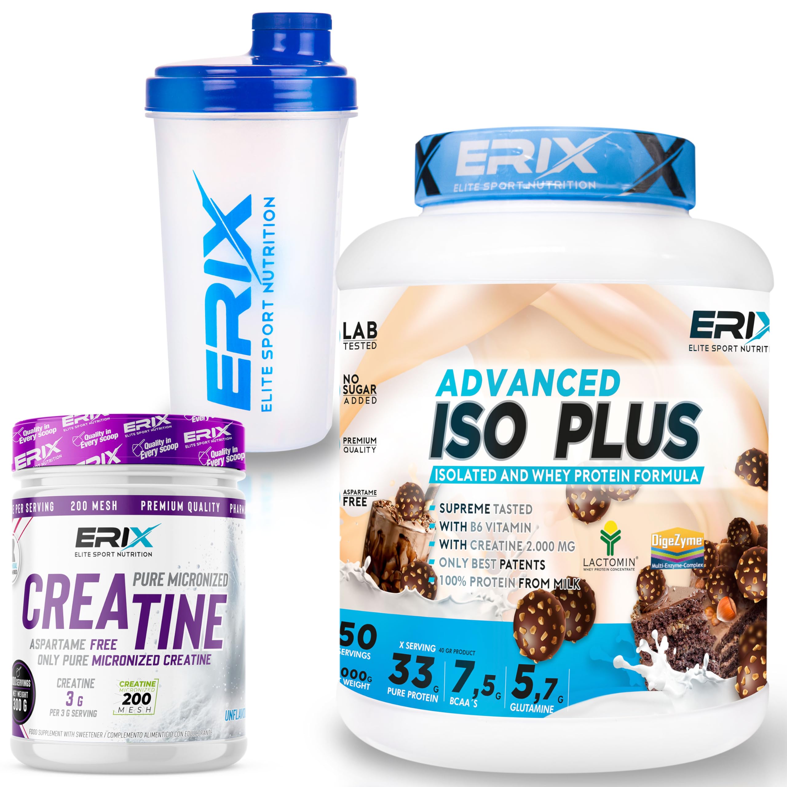 ERIX Nutrición Pack ISO Advanced Plus 2kg+ Creatina Monohidrato 300g+ Shaker Blanco, Proteína Aislada Isolate para Recuperación y Crecimiento Muscular, Musculación (Bombón Hazelnut)