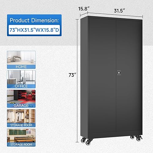Vista 3 de heycode Armario de almacenamiento con bloqueo de metal con ruedas, 2 puertas y 4 estantes ajustables, armario de almacenamiento de garaje con ruedas
