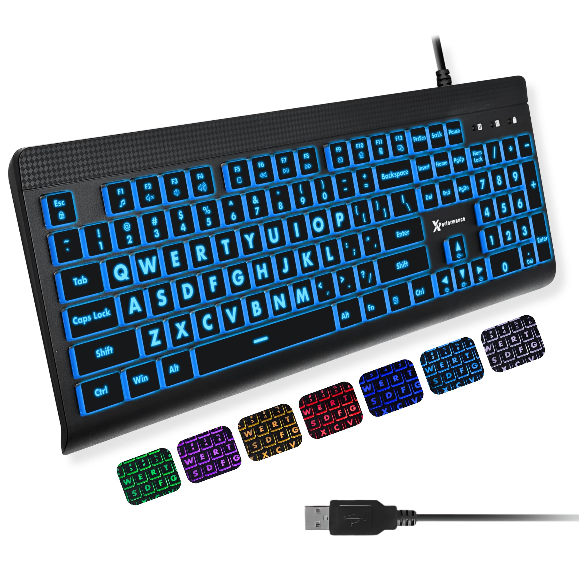 X9 Large Print Backlit Computer Keyboard - Easy to See Big Letters - Lighted USB Wired Keyboard with 7-Colors Backlight LED, Full Size Oversized Light