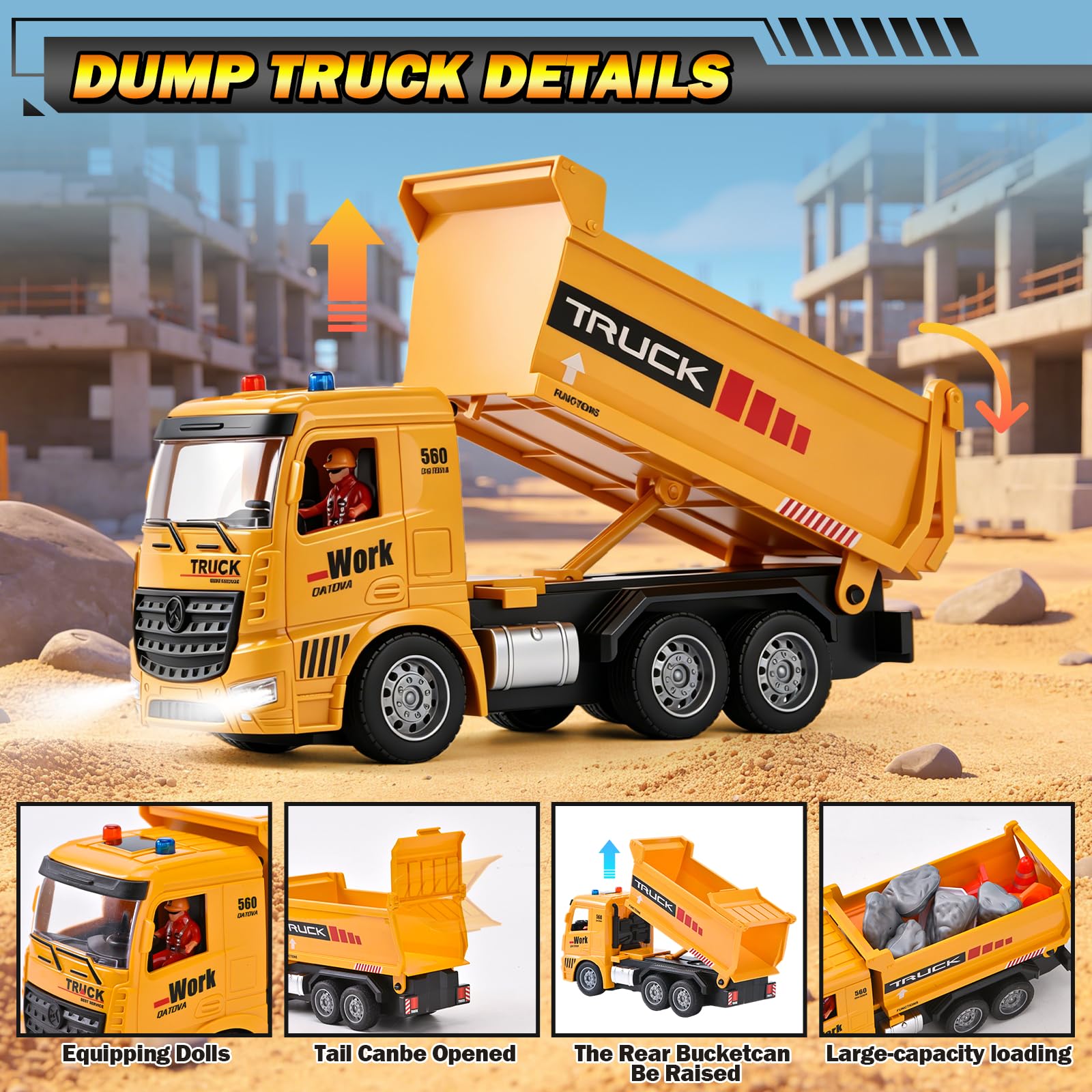 Excavadora Teledirigida y Camión Volquete Juguete, 2,4 GHz Coche Teledirigido Juguete, Vehículos de Construcción RC con Luces y Sonidos, Regalo de Cumpleaños Navidad para 3-12 Niño (A)