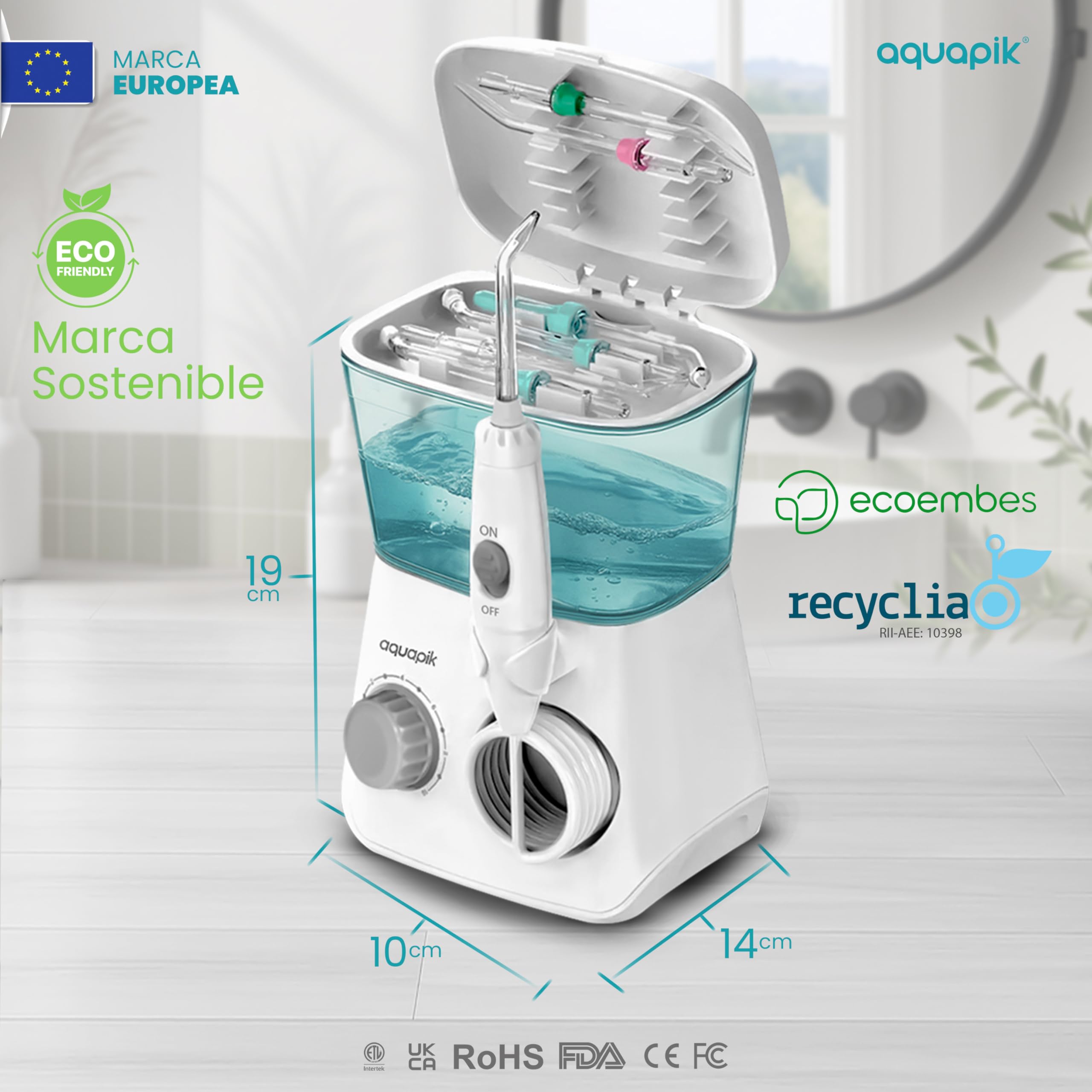 Aquapik Advanced irygator do jamy ustnej, idealny do aparatów ortodontycznych, implantów i wrażliwych dziąseł, zestaw do rozjaśniania usuwa plamy | 10 poziomów ciśnienia | 10 dysz | zalecany przez