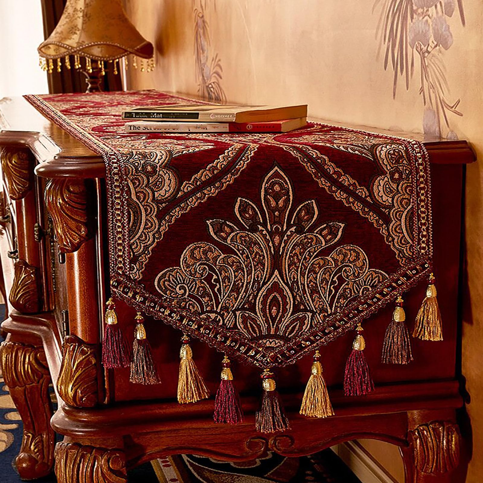 Camino de mesa europeo Sle con borlas, 13.7 x 63 pulgadas, camino de mesa de centro para comedor, tocador, mueble de TV y zapatero, accesorio Dets