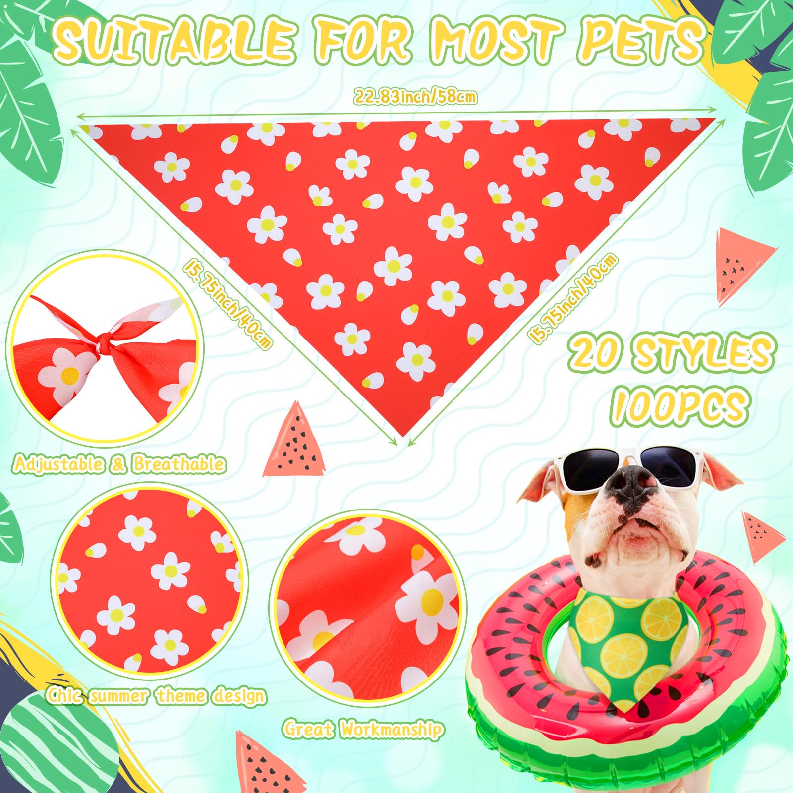 100 bandanas de verano para perro, a granel, flores de verano, limón, bandanas ajustables para perro, baberos triangulares de verano, bufanda para perro, disfraz de vacaciones de verano para
