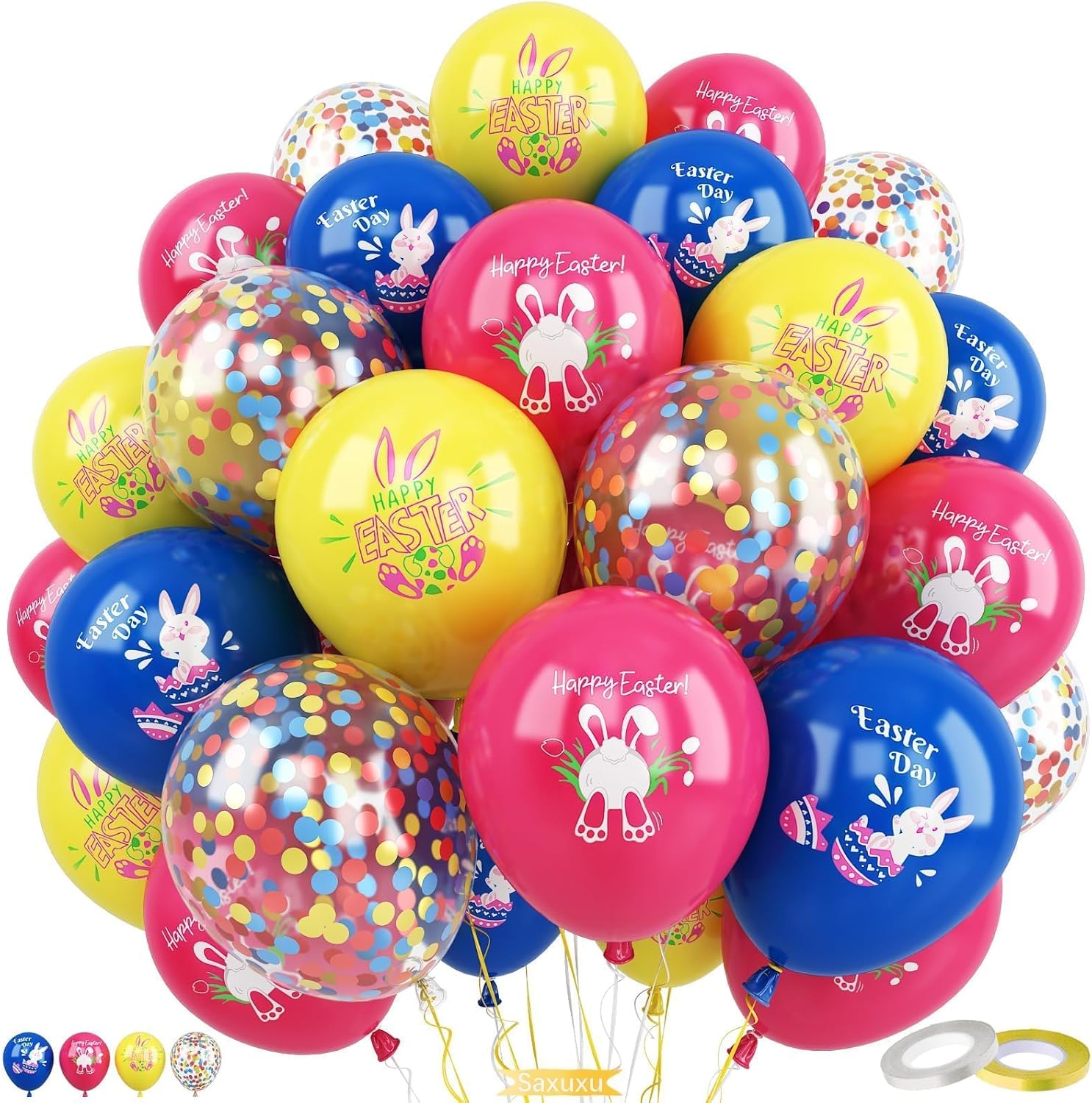 Happy Easter Balloons, 60Pcs 12 Inch Hot Pink Yellow Blue Confetti Easter Eggs Balloons for Girl Boy Spring Birthday Party Baby Shower Decorations