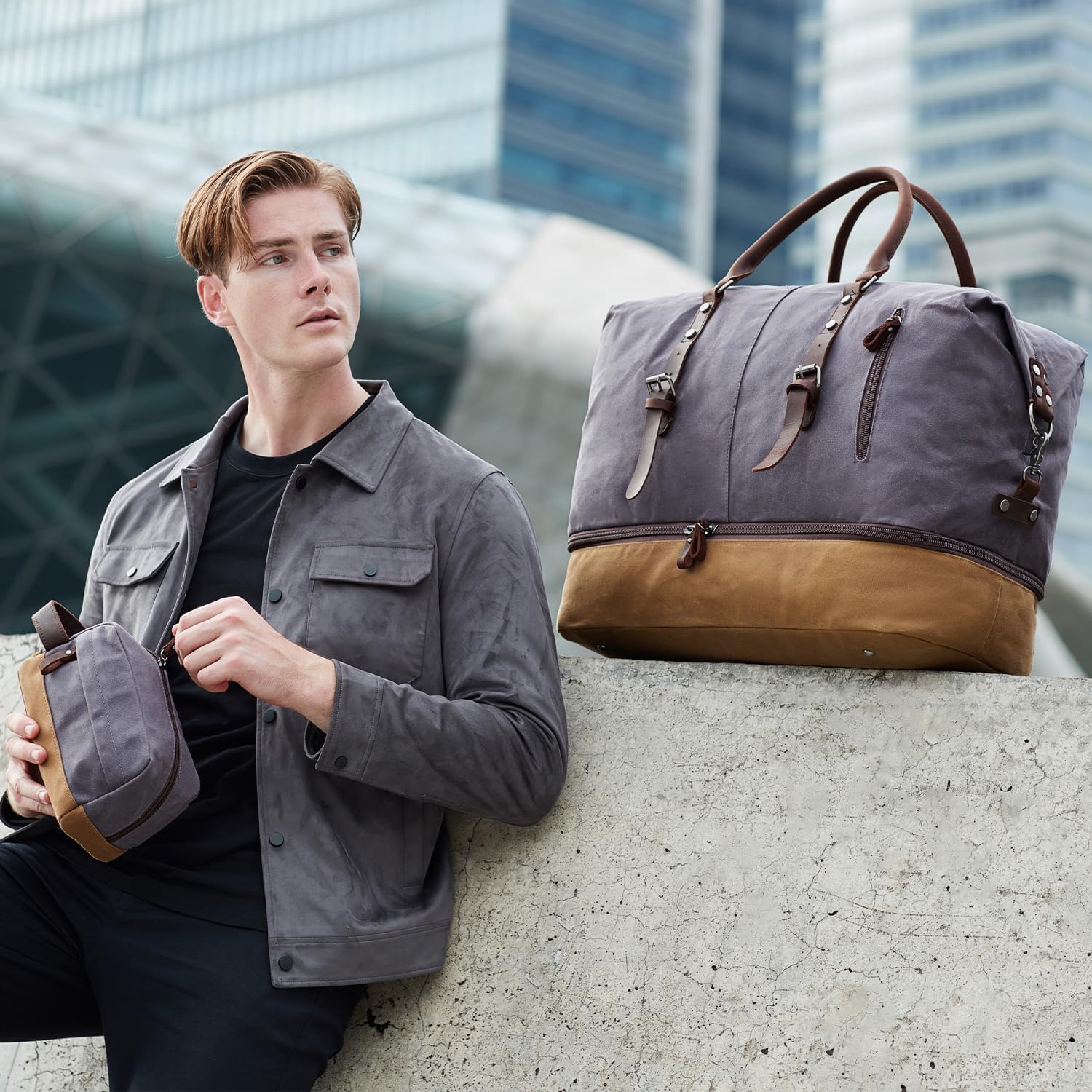 FENGDONG Weekender Bag Large Overnight Bag for Men Women Tote with Shoe Compartment Canvas Carry on Luggage Bag Travel Duffel Bag Gray