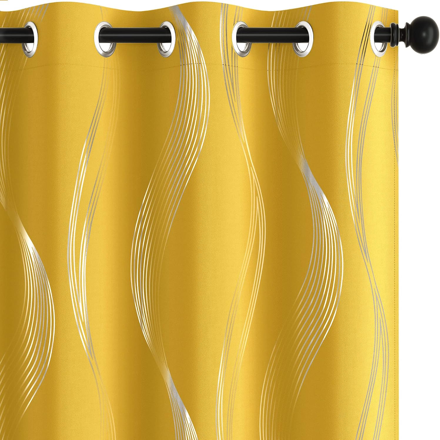 Deconovo Blackout Curtains, Wave Foil Printed Decorative Curtains for Girls Room, Thermal Insulated Grommet Drapes, 52x54 Inch, 2 Panels, Mellow Yellow