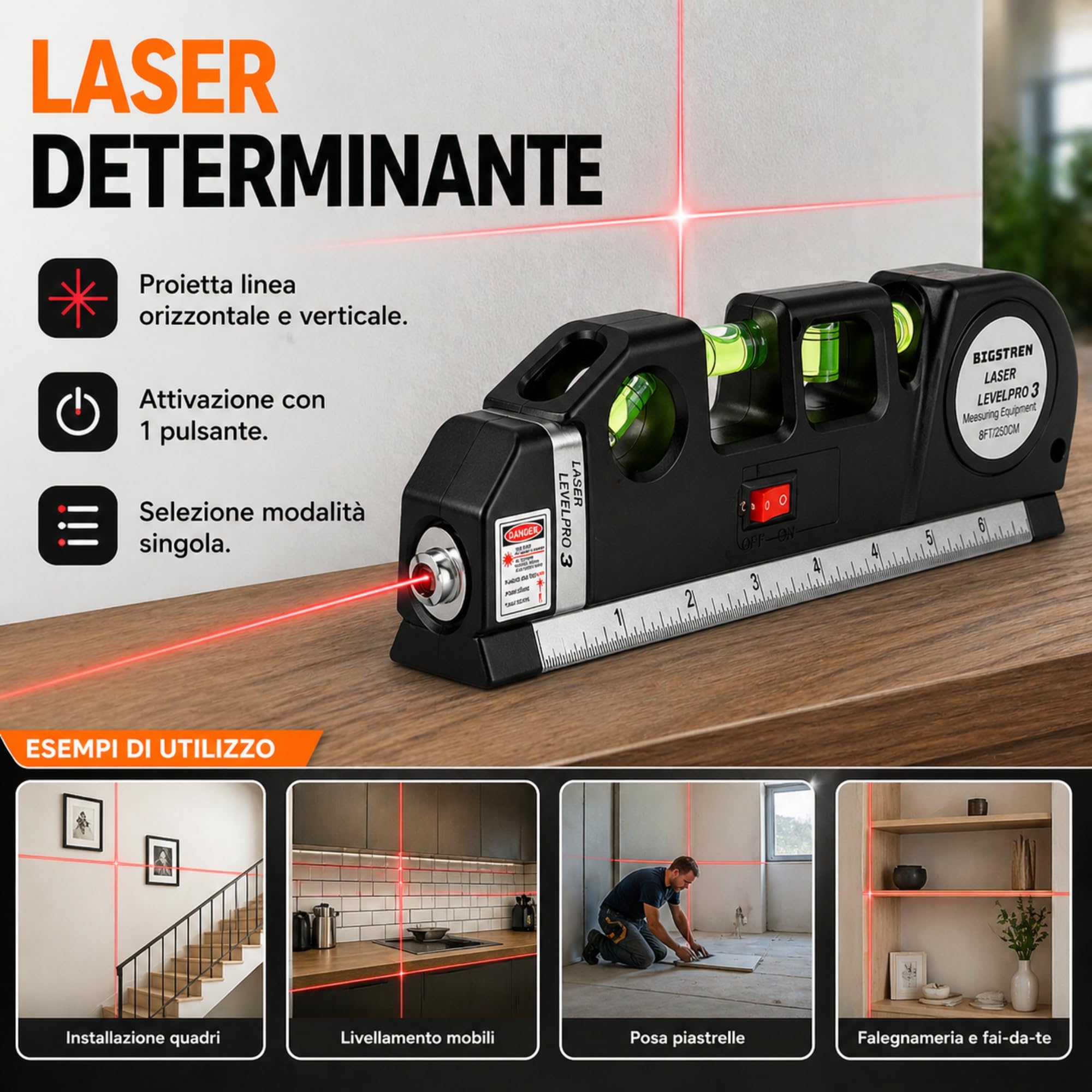 Livella Laser 4in1 con Metro 2,5m – Precisione Assoluta! Laser Rosso Orizzontale/Verticale + 3 Fiale - Perfetta per Montaggio Quadri, Piastrelle e Fai da Te, Strumento Professionale Preciso
