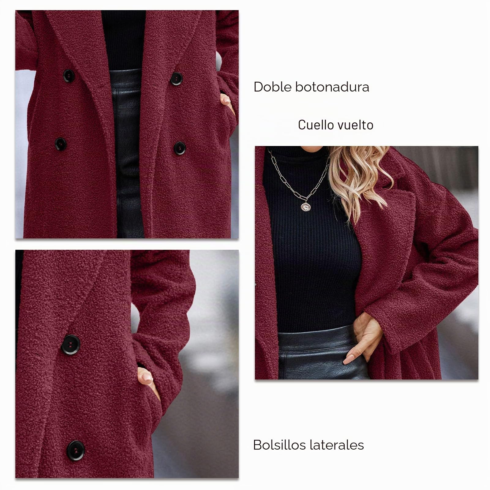 Abrigo largo de invierno para mujer, cruzado, con solapa, con cuello vuelto