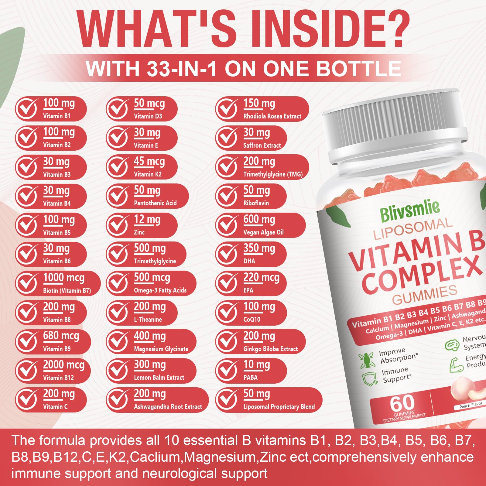 33-in-1 Liposomal Vitamin B Complex Gummies - B1, B2, B3, B4, B5, B6, B7, B8, B9, B12, Vitamin C, D3, K2, Calcium, Magnesium, Zinc for Energy, Brain, Immune, Skin Support & Heart Support — Amazon image 3