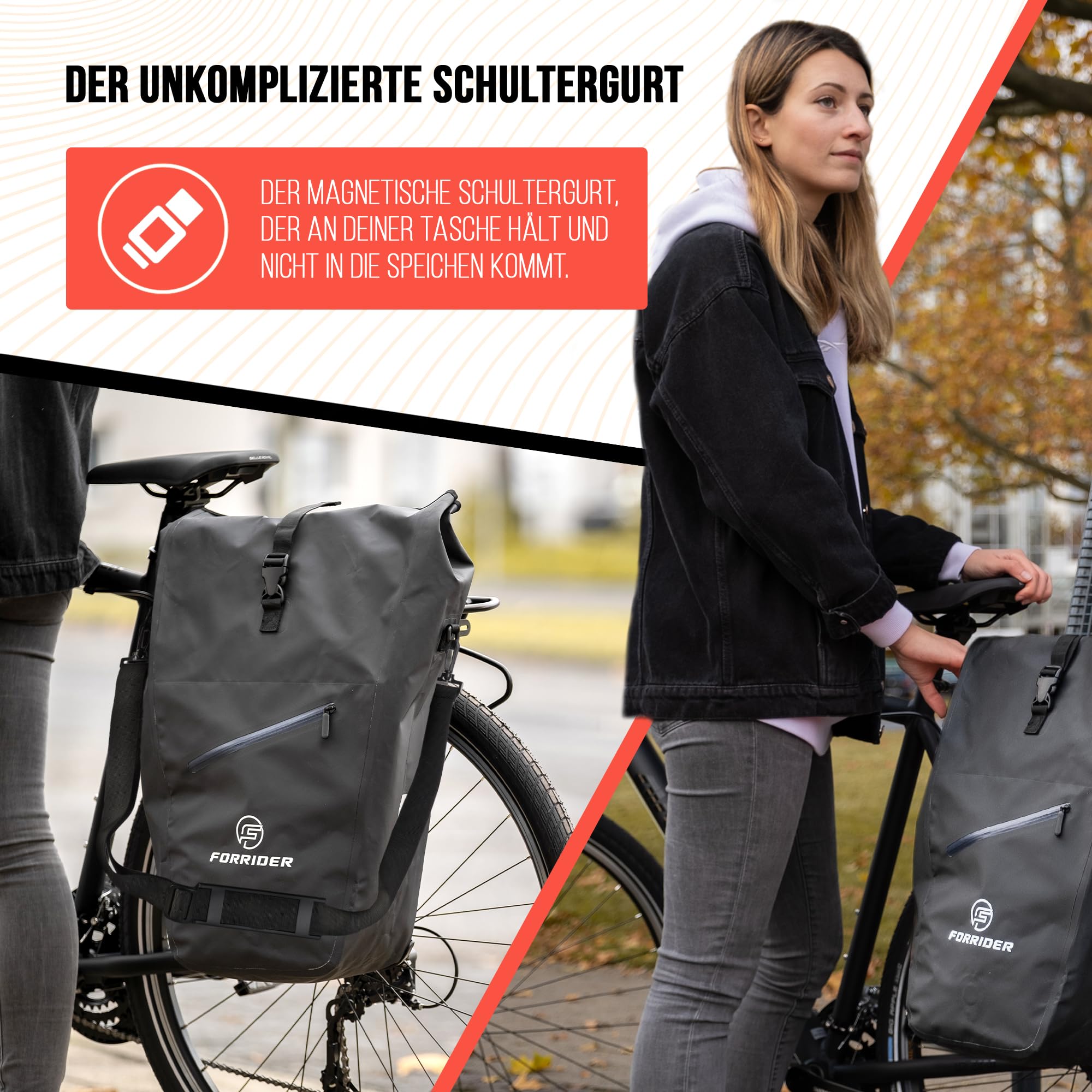 Forrider Gepäckträgertasche 30L, wasserdichte Fahrradtasche mit Magnet-Lock | Magnet-Lock-System zur Fixierung des Tragegurts · Aussenfach · reflektierend · abschließbare QuickSafe-Halterung bis 18mm
