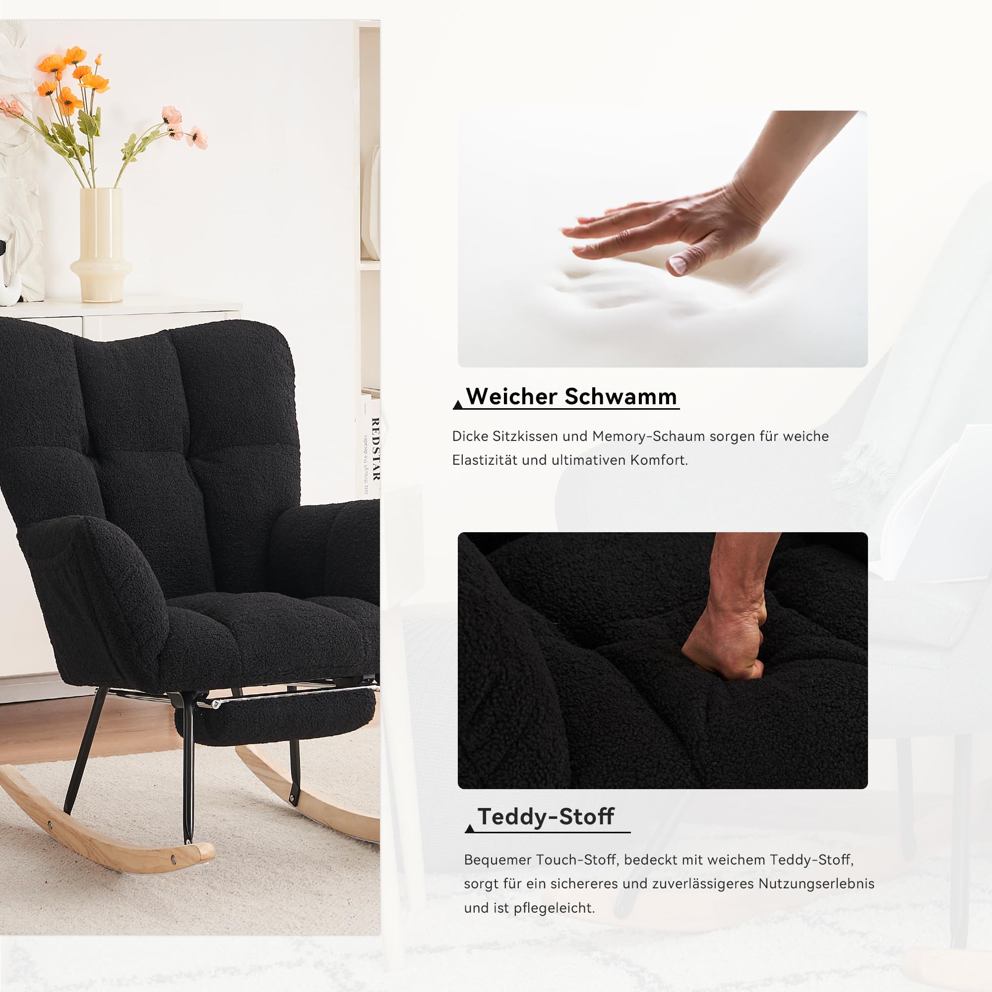 Mecedora, cómoda silla de lactancia, mecedora con reposapiés para sala de estar, dormitorio, cómoda silla de lectura para habitación infantil, adecuada para salón, dormitorio (negro)
