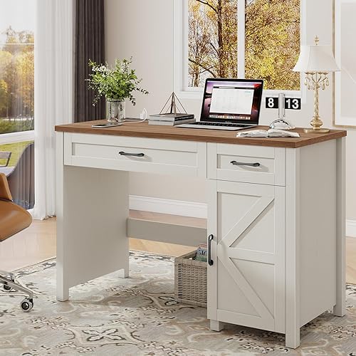 Miniatura 7 de Vabches Escritorio ejecutivo Farmhouse de 47 pulgadas, escritorio para computadora con cajones y armario de almacenamiento, escritorio de