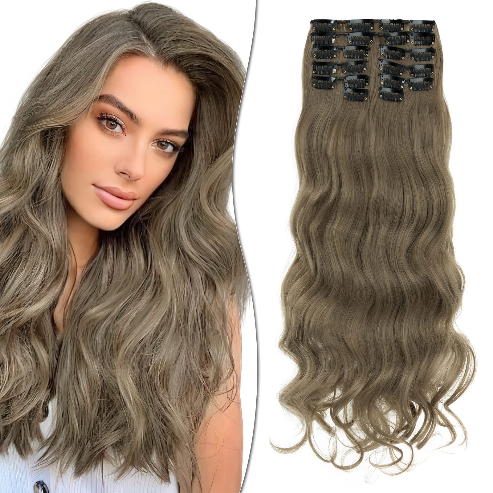 55cm SEGO Extensiones de Clip de 12 Piezas con 22 Clips Pelo Sintético Se Ve Natural Rizado Cabello Postizo Invisible Ondulado (Castaño Oscuro mezcla Rubio Ceniza,180g)