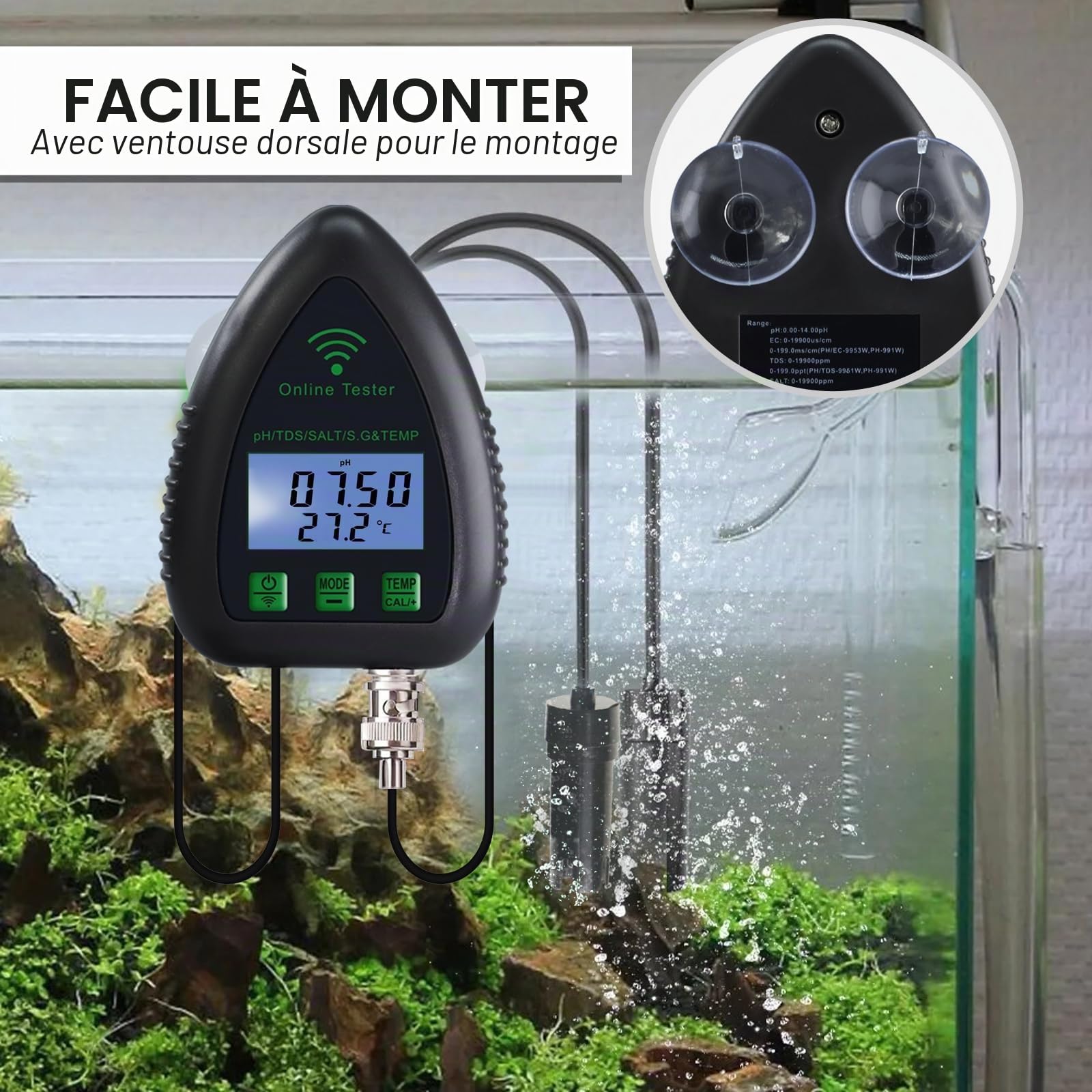 Moniteur de pH WiFi 5 en 1, testeur de qualité de l'eau, pH/S.G/TDS/sel/température 24/7, surveillance hydroponique en ligne avec enregistrement de données et alarme pour aquarium, étang, piscine