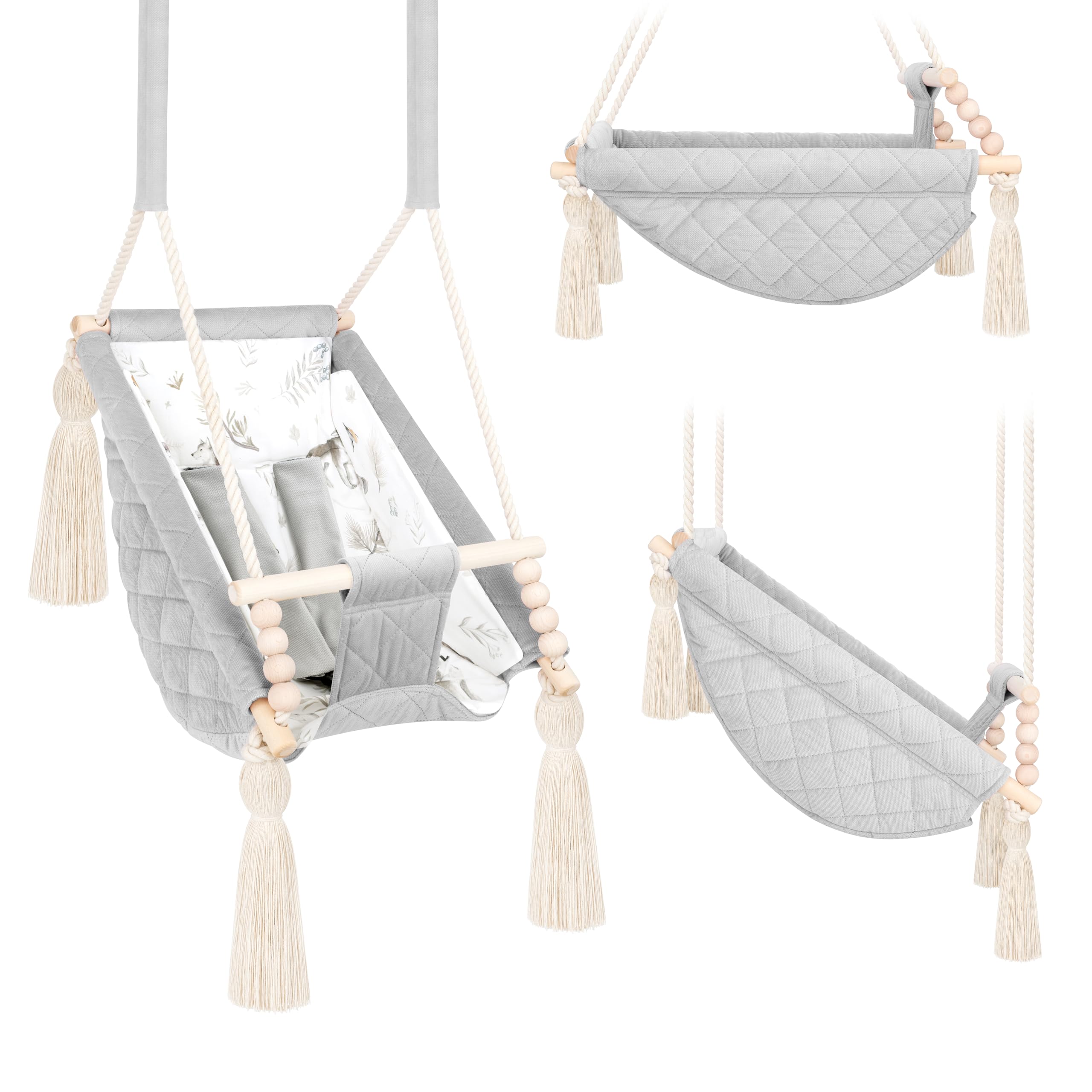 Altalena Bambino Grigio Chiaro Velluto, Amaca Interna 2m+, Personalizzabile con Nome Ricamato, Made in Europa, Sedile sospeso sicuro 25kg