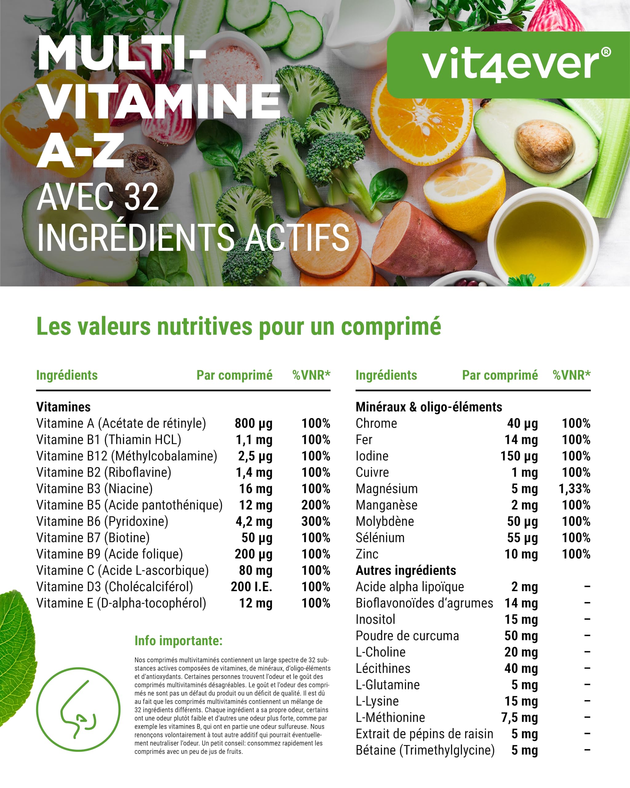 Multivitamine A-Z - 365 comprimés (12 mois) - 32 principes actifs - Combinaison de minéraux + acides aminés + oligo-éléments + extraits de plantes - Vegan - Fortement dosé
