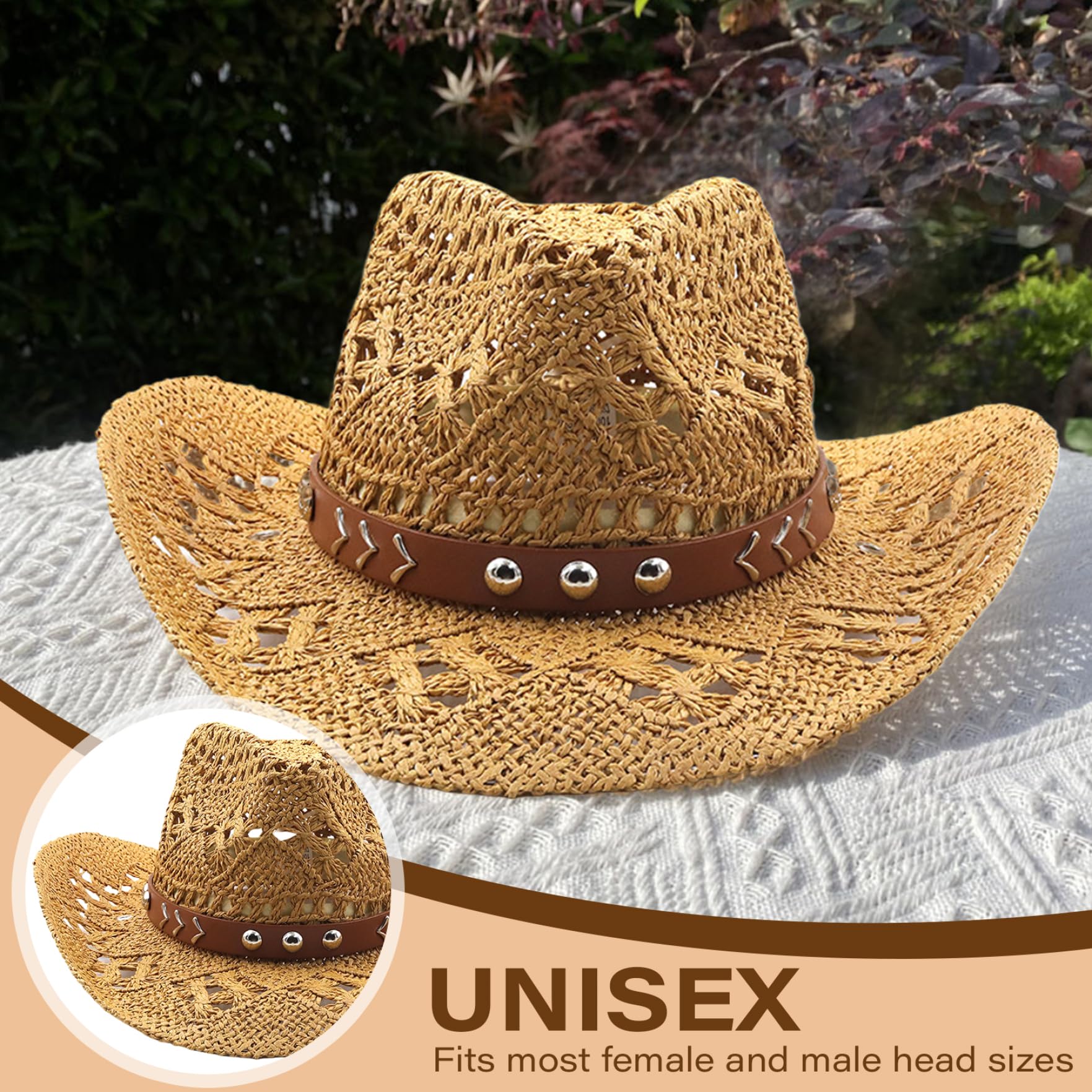 Sombrero de Vaquero para Mujer ala Ancha Bloque UV Caqui | Paja suave y transpirable, se adapta a hombres y mujeres, ideal para viajes de senderismo al aire libre