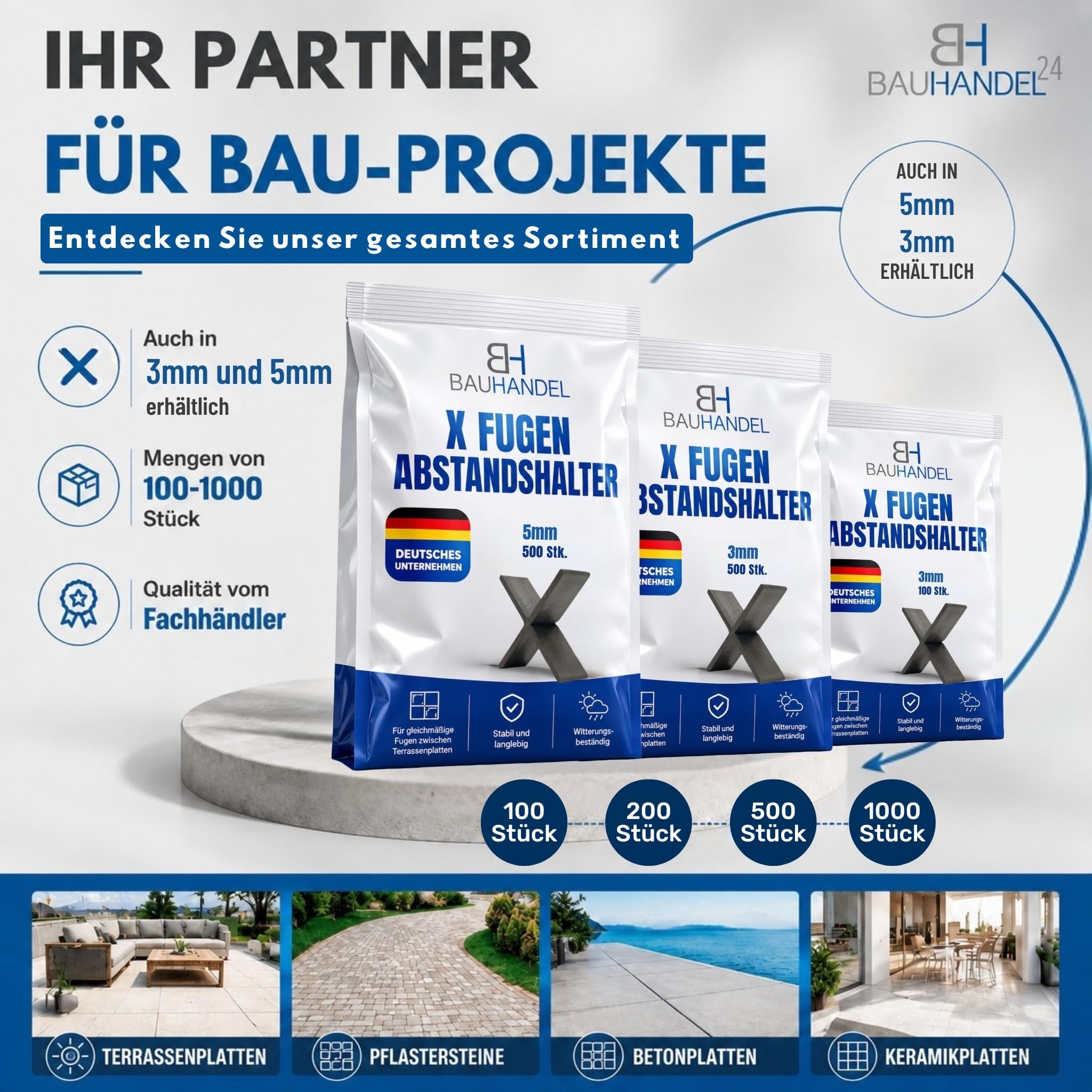 Bauhandel24 - Fugenkreuze 3mm für Terrassenplatten 100 Stk., Fugenkreuz auch als T-Stück, Abstandshalter 15mm Höhe, Kreuze im Außenbereich für Platten Pflaster Terrasse Balkon