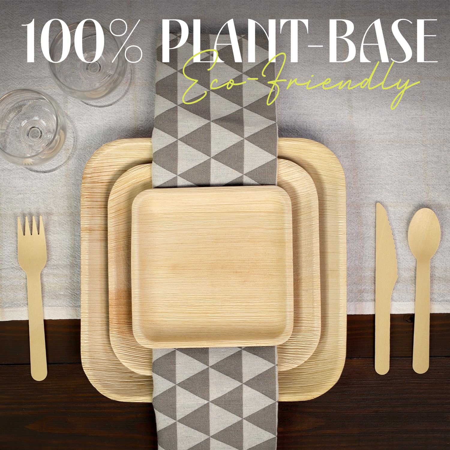 Lot de 300 assiettes carrées compostables en feuille de palmier I 100 assiettes de 25,4 cm, 100 couteaux et 100 fourchettes | Lot d'assiettes jetables de qualité supérieure I robustes et