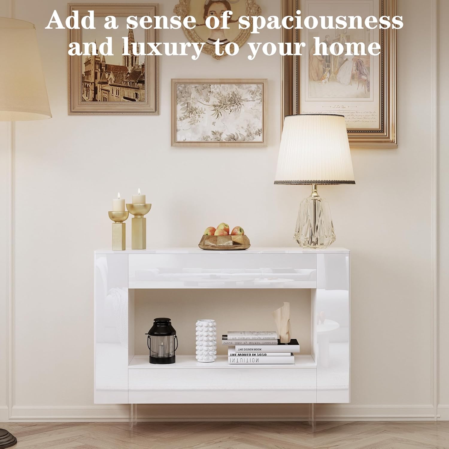 High Gloss Console Table with Hidden Side Storage Cabinets, Adjustable Shelves, Modern Entryway Sofa Table for Behind The Couch, Living Room, Hallway, White