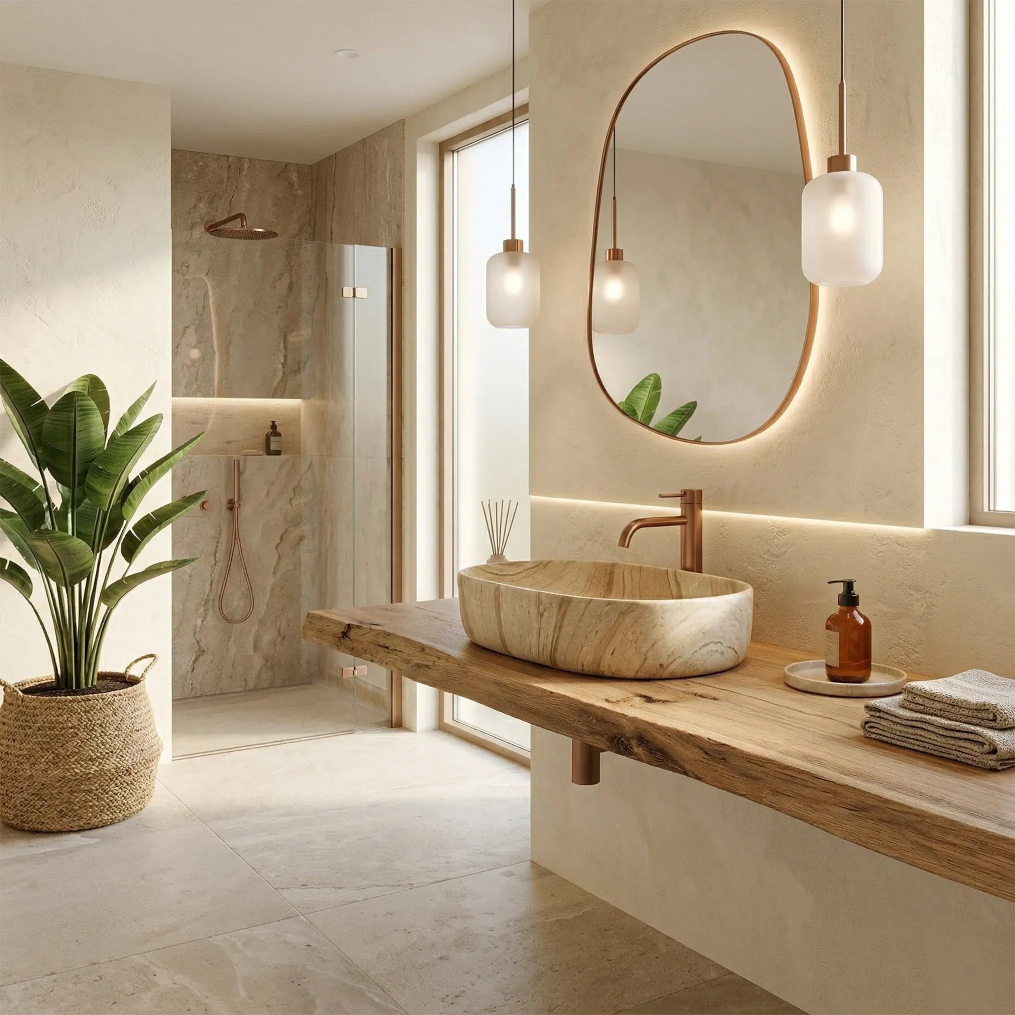 Rea - Lavabo sobre encimera Nadia 60 - Cerámica Sanitaria - Beige, Imitación De Piedra - 61x38,5x12 cm