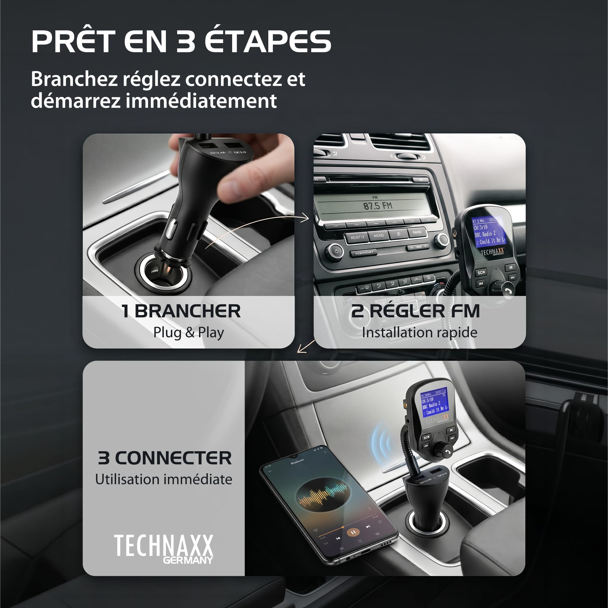Technaxx Transmetteur FM DAB+ Bluetooth Voiture Kit Mains Libres – Adaptateur Radio DAB avec 2 USB (QC3.0), AUX, MicroSD, Grand Écran, Streaming Musique & Appels FMT1500BT