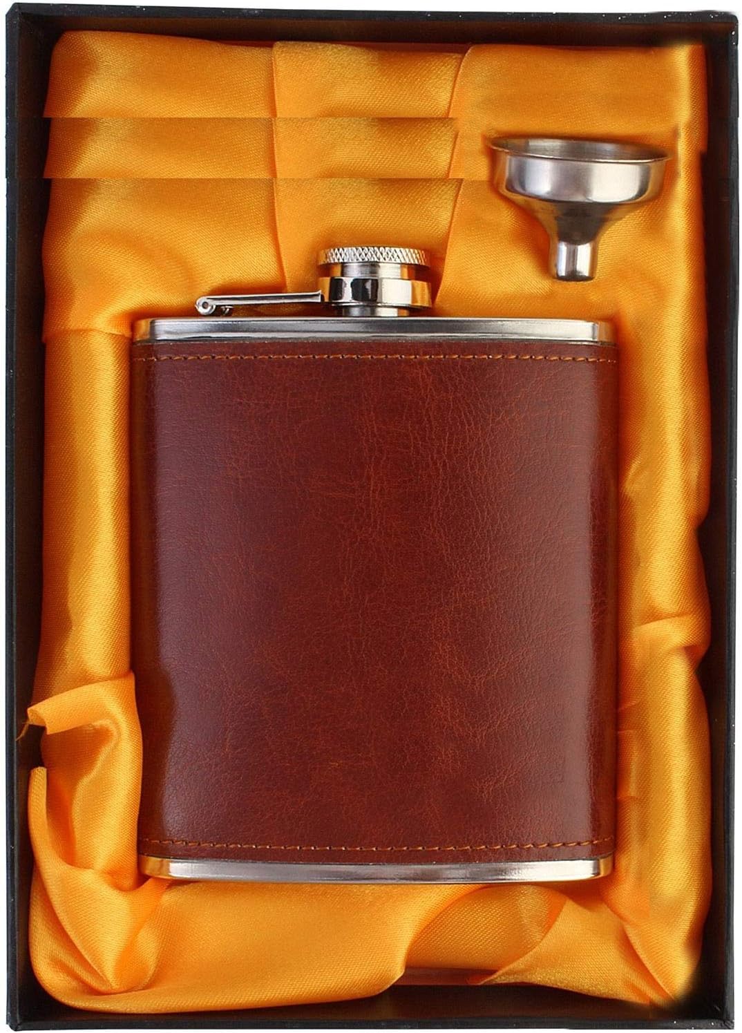 Stainless Steel and Stitched Leather Hip Flask 8 Oz (230 Ml) for Men - Liquor Flask Or Wine Whiskey Alcoholic Beverage Holder with Funnel Gift Set - Classy Brown