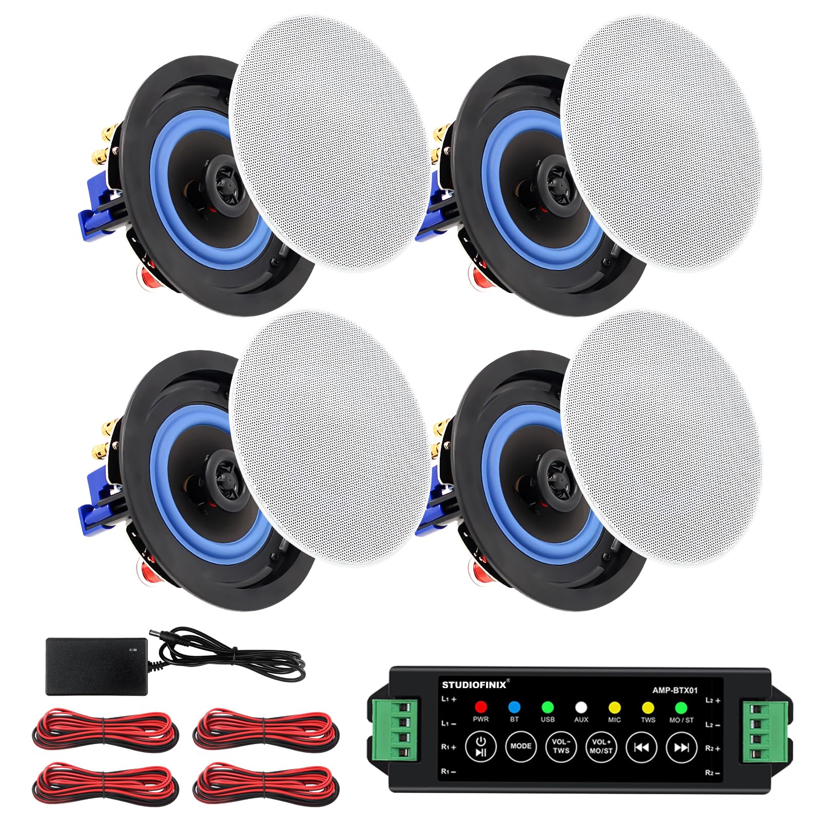 STUDIOFINIX Haut-parleurs de plafond Bluetooth de 4 pouces, système 2 voies 320W, 4 haut-parleurs, son surround filaire pour salon, bureau, cuisine, salle d'étude, sous-sol, terrasse couverte et