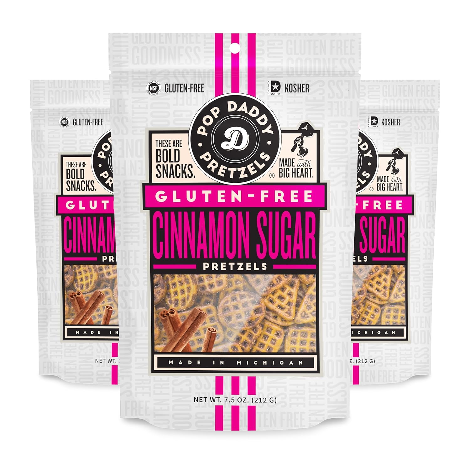 Pop Daddy Gluten Free Pretzels, Healthy Gourmet Flavored Pretzels, 7.5oz Individual Bags, 3 Pack, Cinnamon Sugar