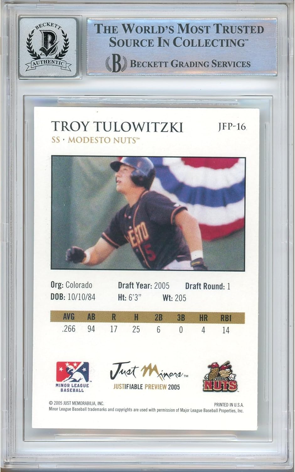 Troy Tulowitzki Autograph 2005 Just Minors Justifiable Preview Baseball Trading Card Slab Beckett BGS Auto 10 Graded BAS Authentic Slabbed COA Played For Colorado Rockies Signed Memorabilia