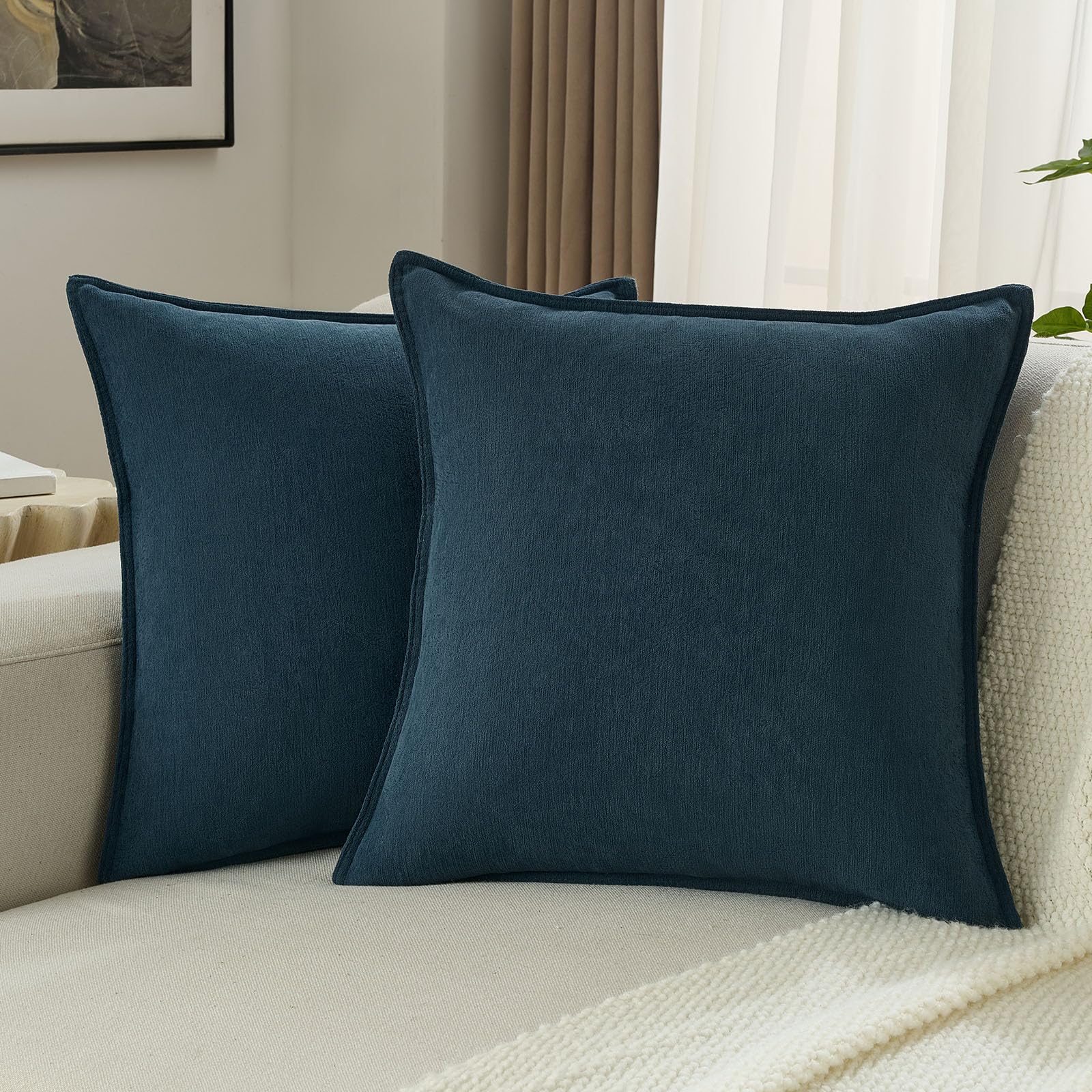 FUTEI Set of 2 Soft Chenille 50x50 cm Cushion Covers Edges Stitched Piped Scatter Pillow Covers 50 x 50 cm Modern Farmhouse Accent for Sofa Bedroom Living Room, Navy Blue