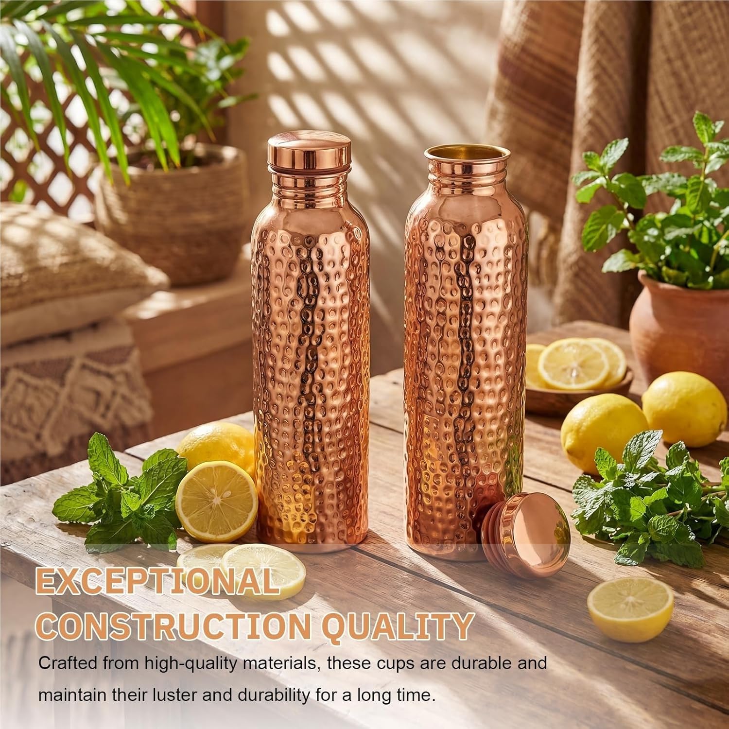 Pure Copper Water Bottle 27oz (800ml) with Protective Thick Sleeve - Hand Hammered Metal Drinking Bottle for Gym, Yoga, Sports - Includes Cleaning Brush & Leakproof Lid(A+Purple)