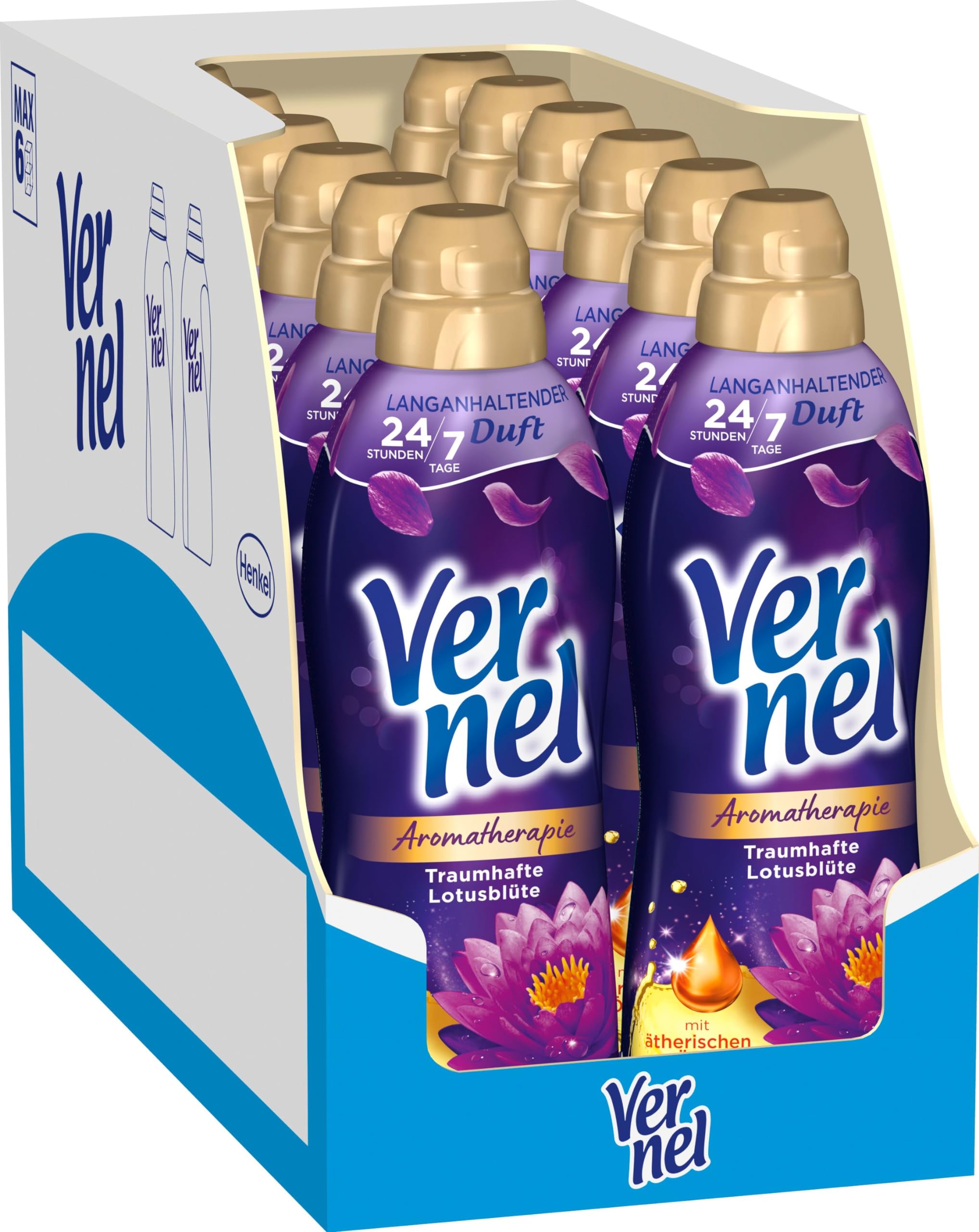 Vernel Aromatherapie Traumhafte Lotusblüte Weichspüler (12x37 Waschladungen), langanhaltender Wäscheduft mit ätherischen Ölen für 24/7 Frische, recycelbare Flasche