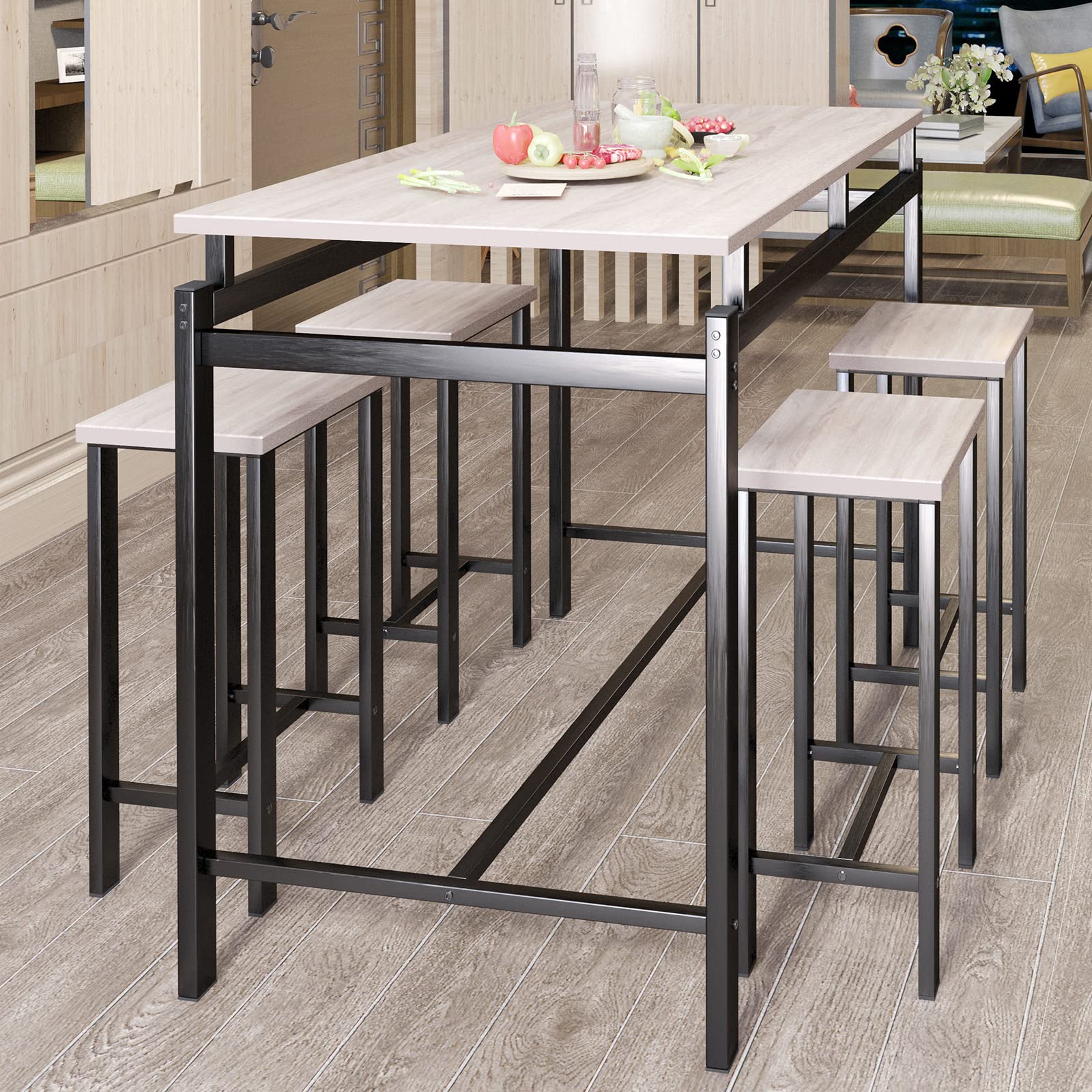 Photo 1 of Basenji Modern Dining Table Set for 4, Kitchen Counter Height Table with 4 Stools, 5 Piece Space Saving Dinette Table Set with Rustic Metal Frame for Breakfast Nook Pub Bistro(Oak)
