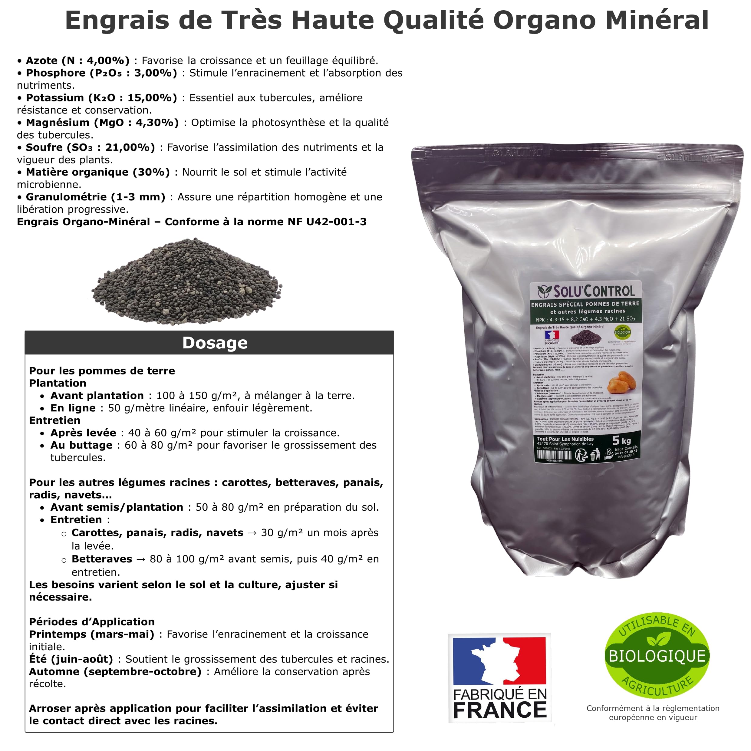 5 kg d'Engrais Spécial Pommes de terre et légumes racines 4-3-15 - Enrichi en Potasse - Favorise la croissance, le grossissement et la conservation des tubercules - UAB - Fabriqué en France
