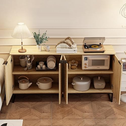 Miniatura 10 de Fiogmub Armario de acento estriado, armario de cocina con 4 puertas acanaladas, armario de almacenamiento moderno con estantes ajustables para sala