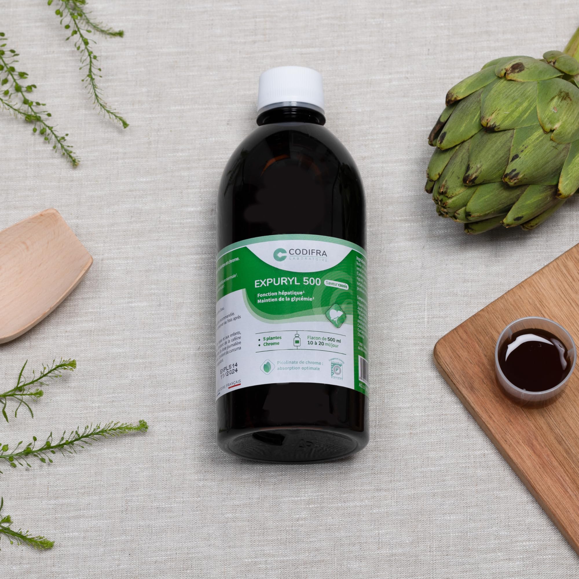 CODIFRA | Expuryl, Complément Alimentaire Confort Digestif, Phytodraineur et Détox Naturel | Artichaut, Pissenlit, Curcuma, Thé Vert, Chrome | Fabrication Française | Goût Cassis | Lot de 2x 500 ml