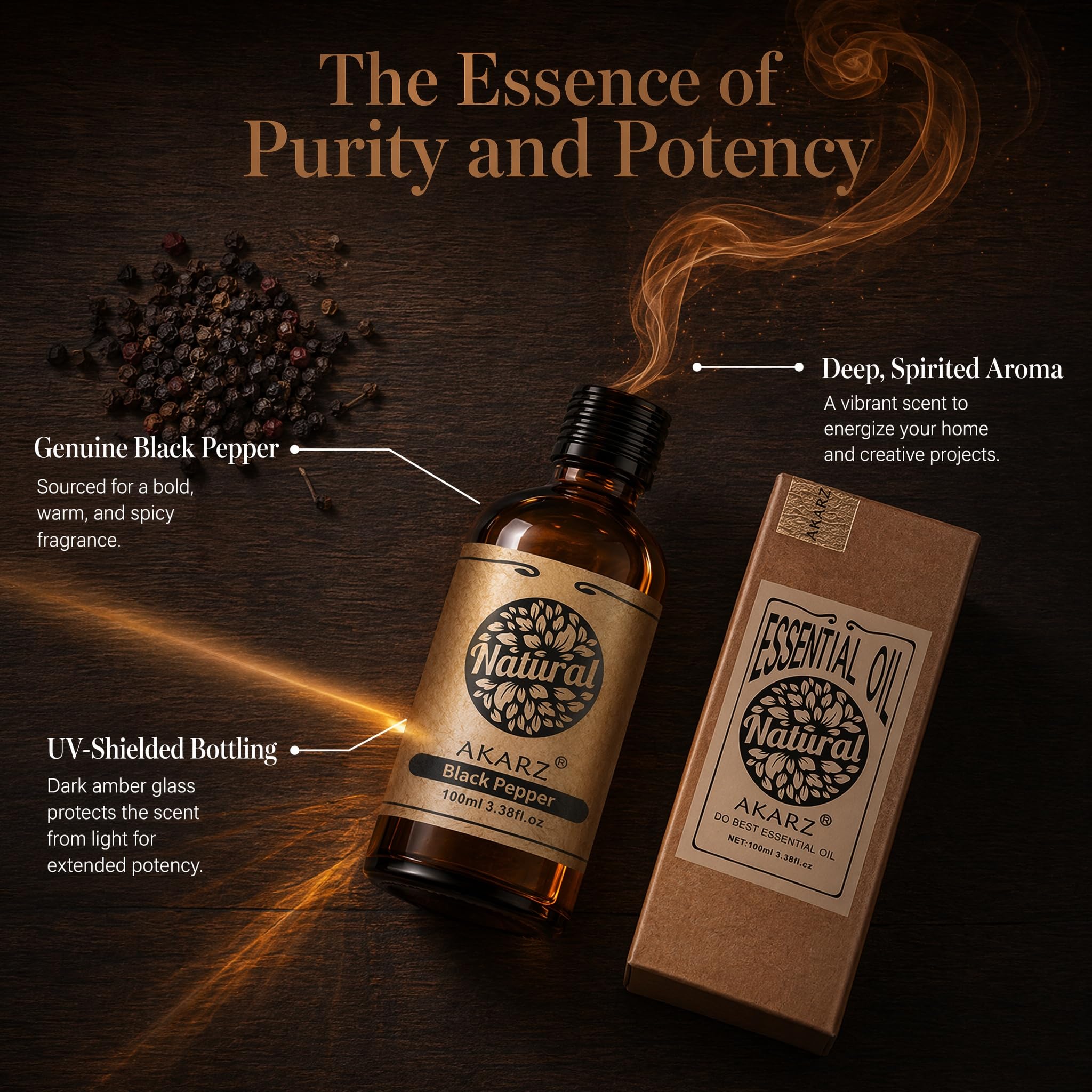 AKARZ 100ml Olejek esencjny z Czarnego Pieprzu - Naturalny olejek aromatyczny do dyfuzorów, lamp aromatycznych i aromatów pomieszczeń