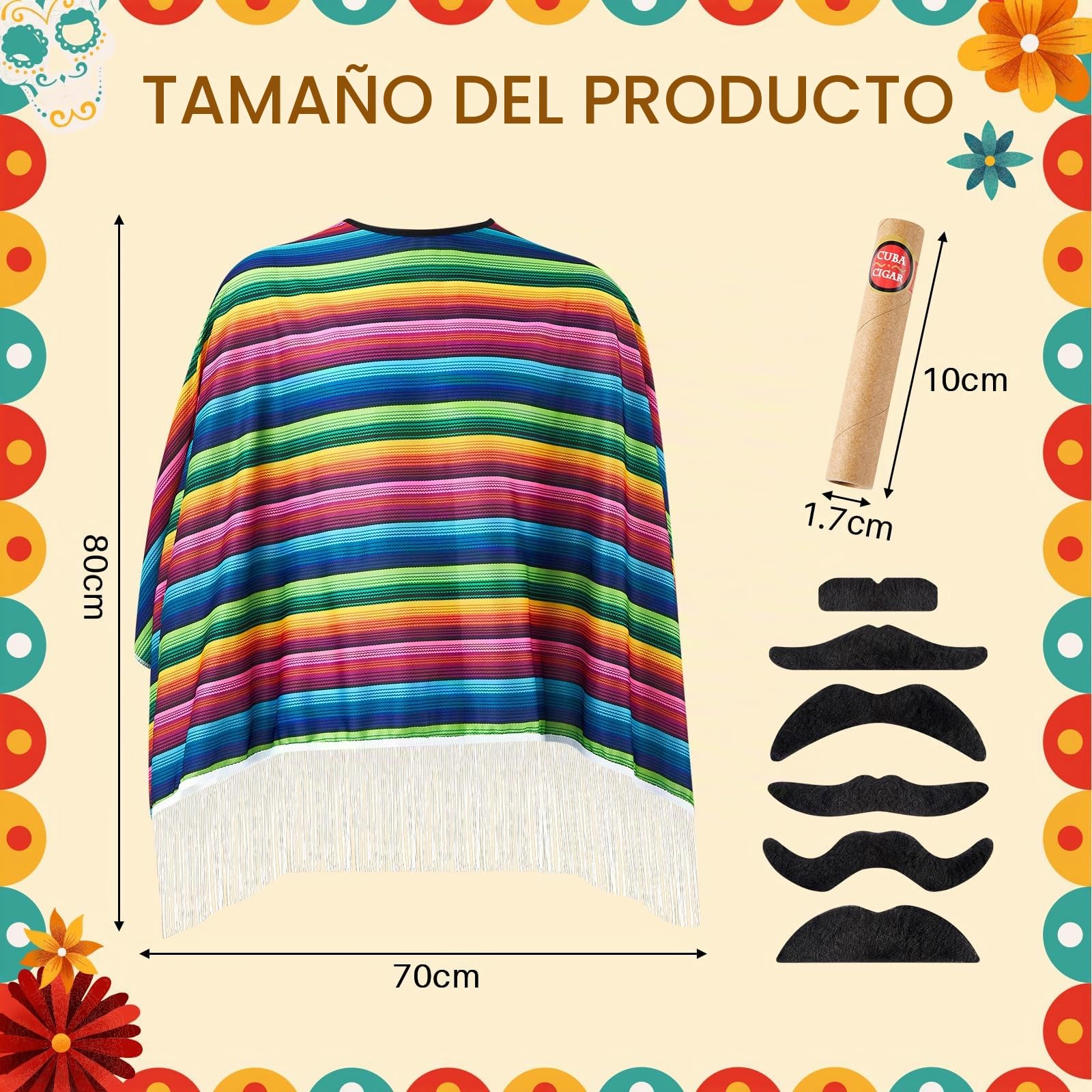 Hicarer Set de 3 Disfraces de Carnaval Mexicanos Poncho Mexicano Colorido Sarape de Fiesta Festivo Bigote Divertido Cigarro Falso para Hombre Mujer Adulto Cosplay Traje Accesorio (Color brillante)