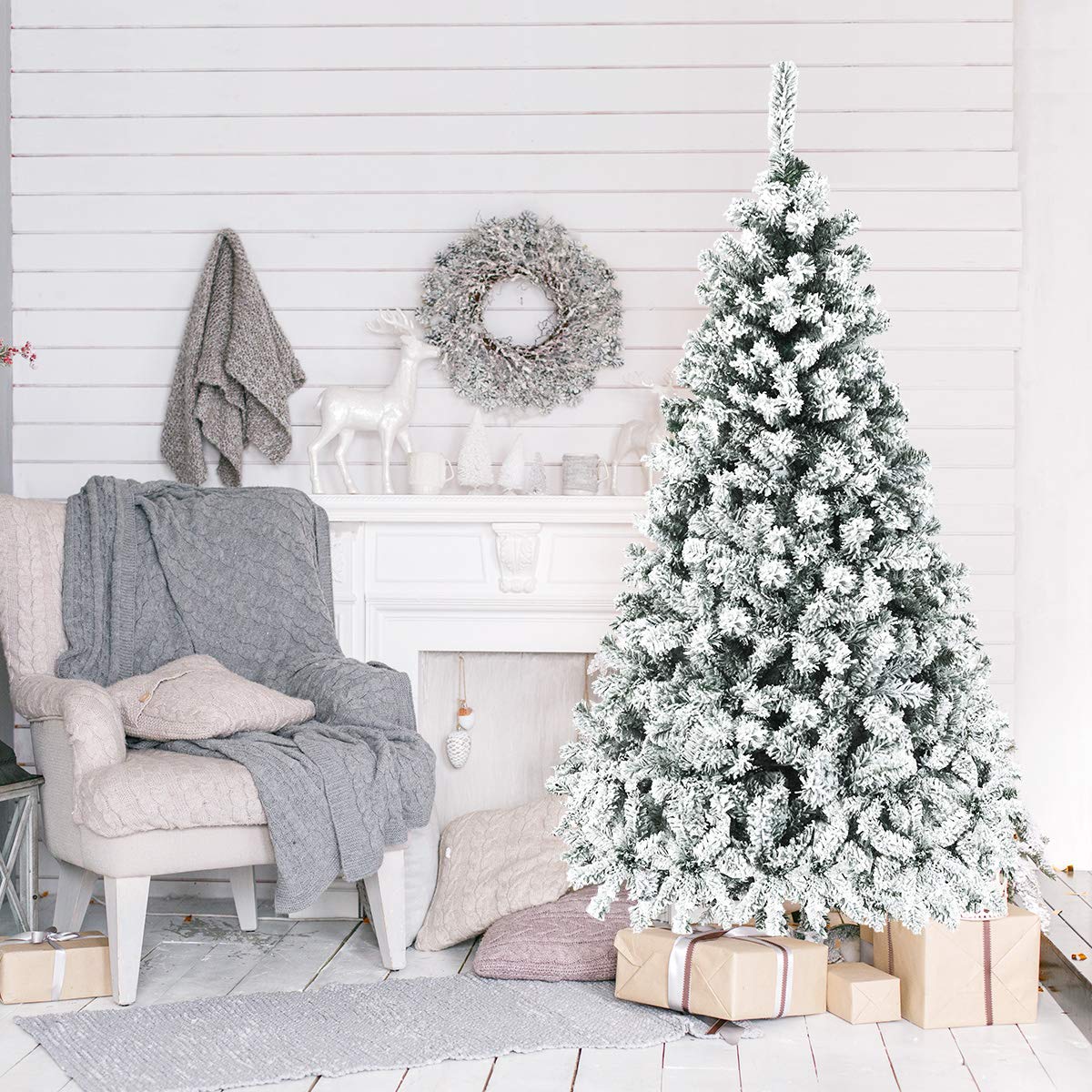 Nightcore 6FT Pre-Lit Artificial Christmas Tree, Snow Flocked Hinged Pine Tree w/ 600 Branches Tips & 250 LED Lights, Portable Metal Base, Perfect