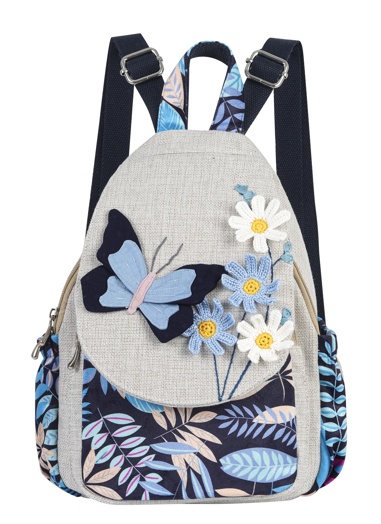 HUANGGUOSHU Women's Bohemian Canvas Backpack - Multi-Pocket Embroidery Rucksack, Adjustable Straps (Yutu Moon) - View #2