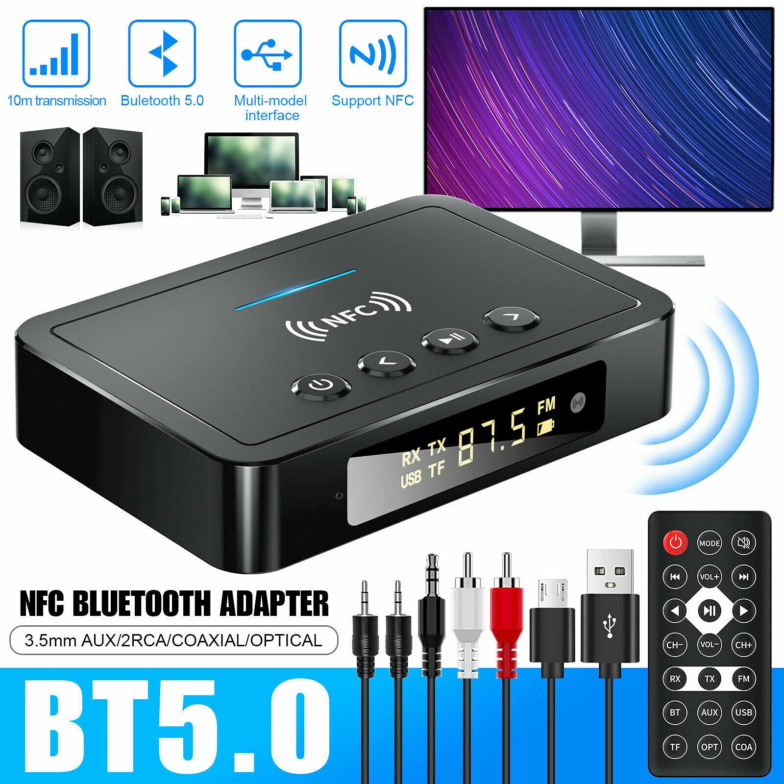 Multi-Interface Bluetooth 5.0 Transmitter Receiver Wireless 3.5MM Adapter AUX NFC to 2 RCA Audio Accessory
