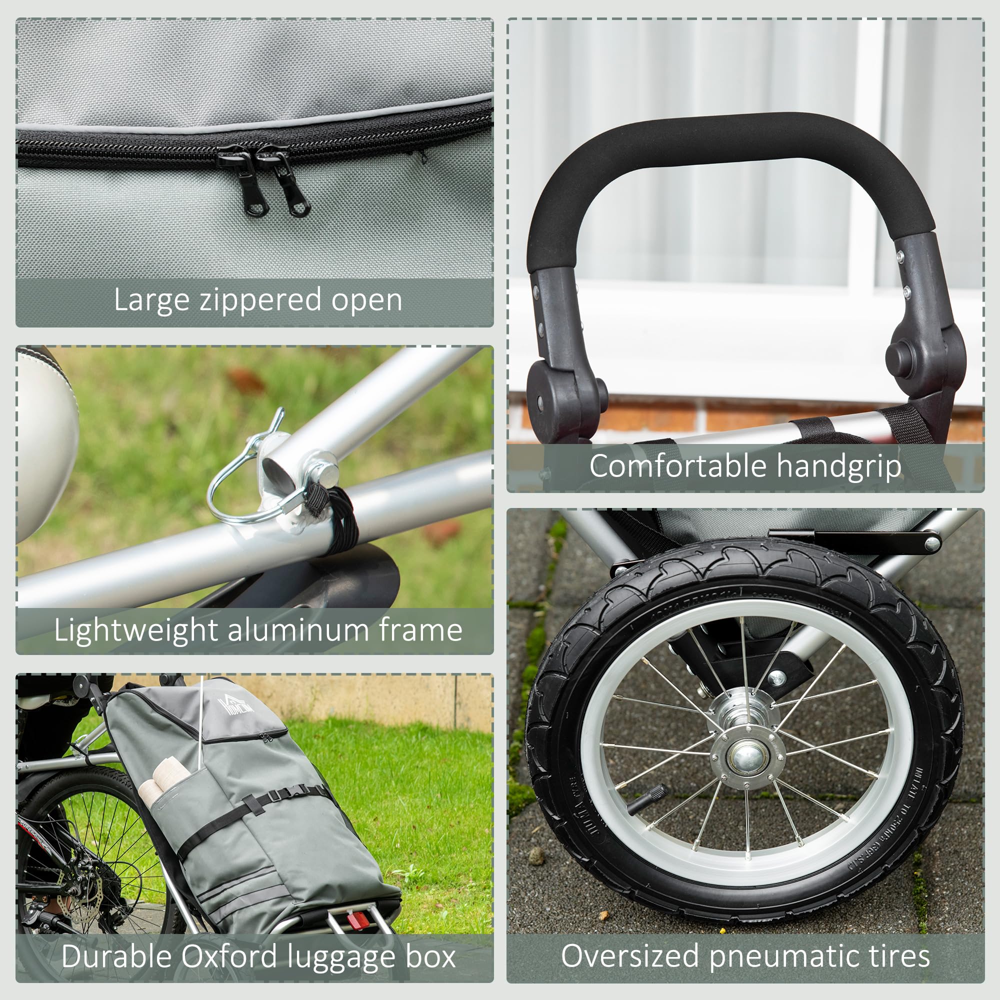 HOMCOM 2 in 1 Lastenanhänger Fahrradanhänger Grau+Silber 53x43x110 cm | Einkaufstrolley, Transportanhänger, mit Verbindungsschellen für Fahrradkupplung, 24,3 kg Max, 55 L, Alu+Oxford