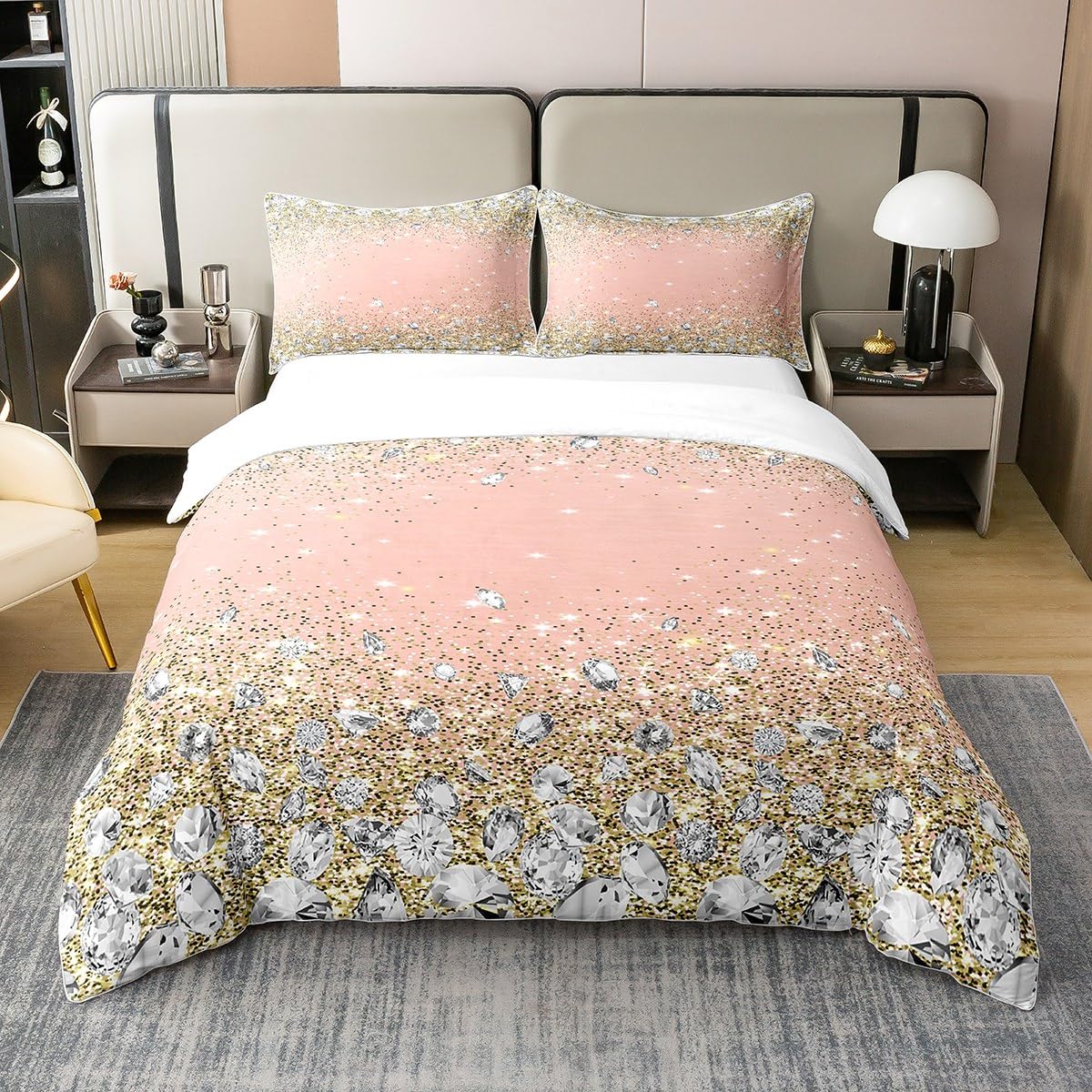 Glitter Diamond 100% Cotton Duvet Cover for Girls Boys Children Pink Gold and Silver (No Glitter No Sequin) Bedding 100% Cotton Set Room Decor Dreamy Duvet Set Quilt Cover 3Pcs King Size Zipper