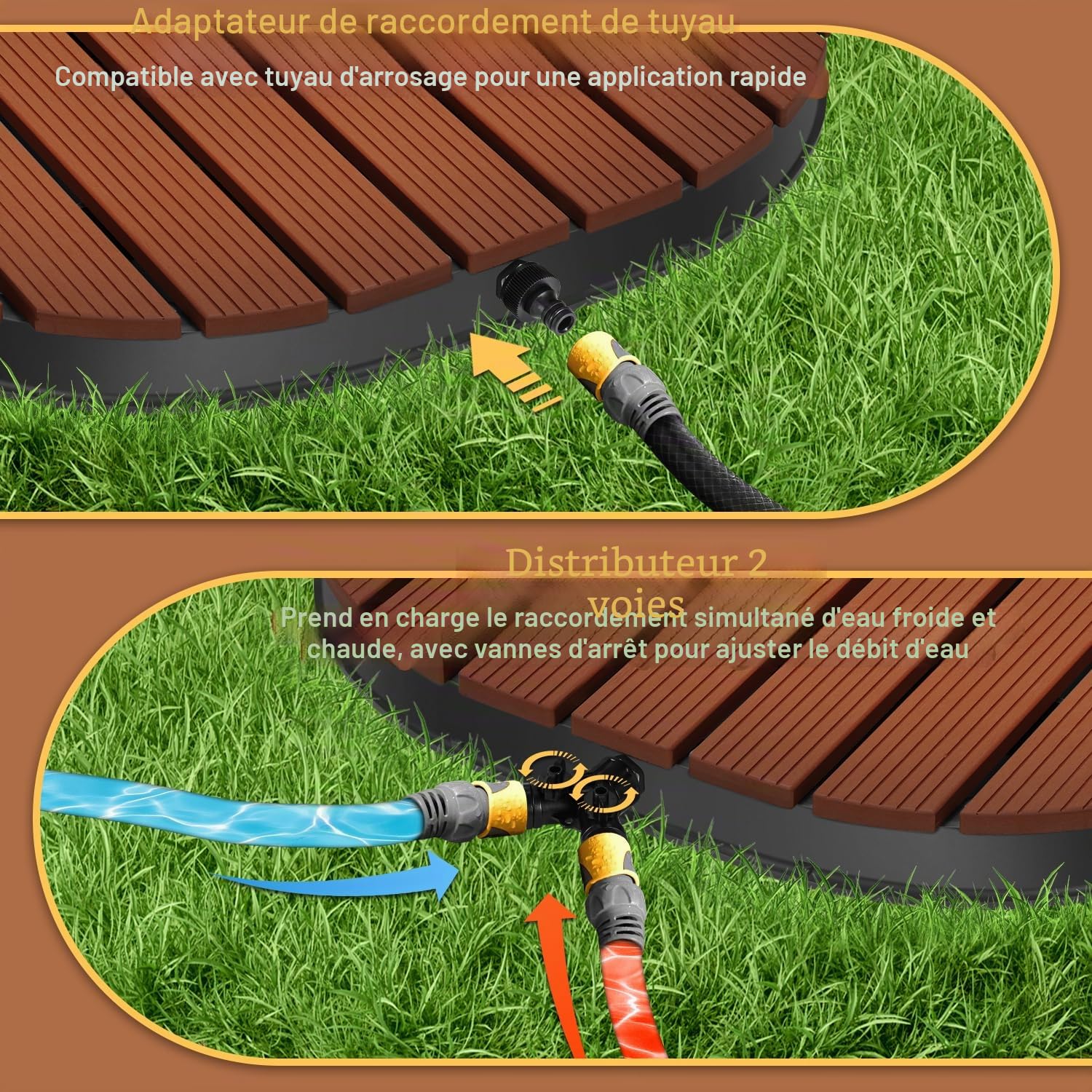 Daromigo Douche de Sol avec 22 Buses en cuivre, Douche extérieure en WPC, avec Roue de Pied réglable jusqu'à 4 m de Hauteur, antidérapante, résistante aux intempéries