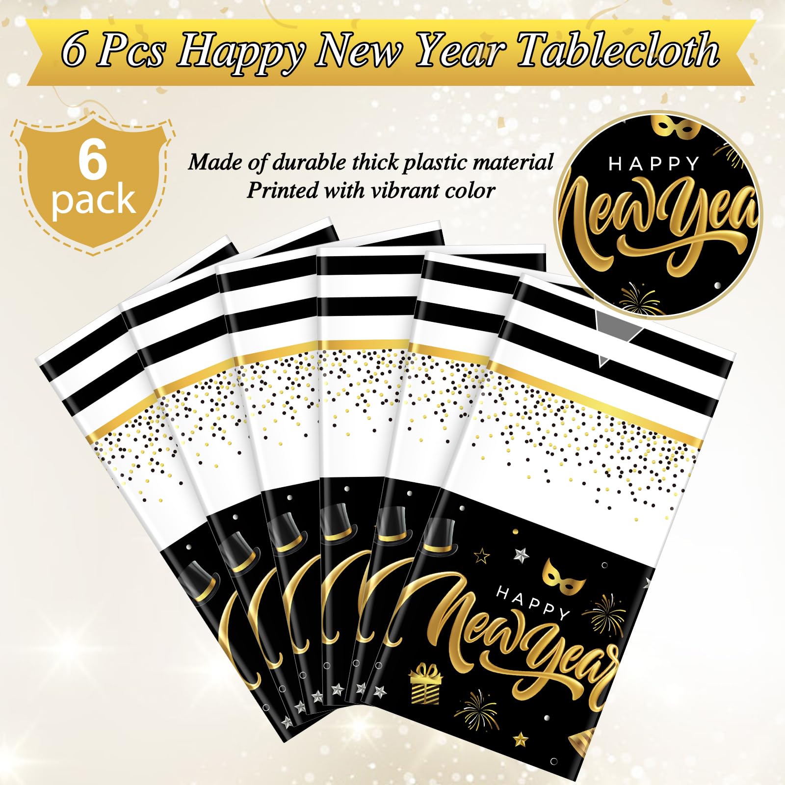 2-Pack 2025 New Year Party Tablecloths - Black Gold 54x87 Inch Disposable Covers