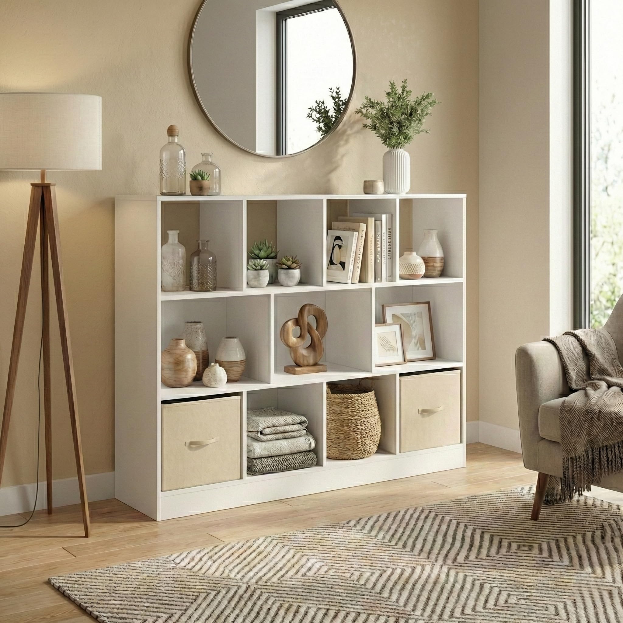 Bücherregal,Kleines Regal Bücher Holz,Kinder Raumteiler Regal Schrank mit 2 schubladen aus Vliesstoff 11 Fächern und lichtleiste,für Wohnzimmer Schlafzimmer Kinderzimmer Büro,Weiß,126x30x100cm